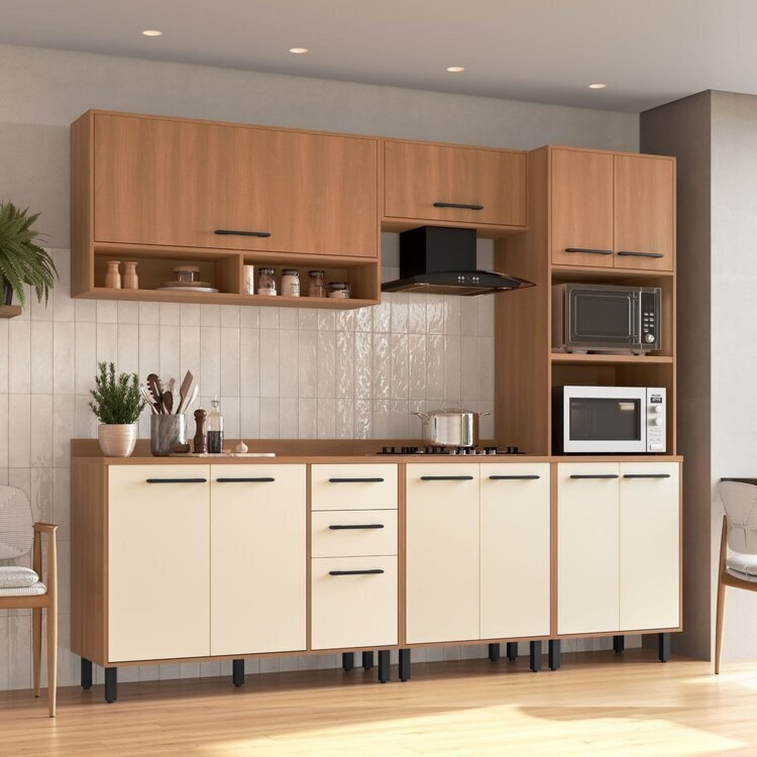 Cozinha Modulada Havana 5 Peças Com Tampo 11 Portas E 2 Gavetas Rovere/champanhe