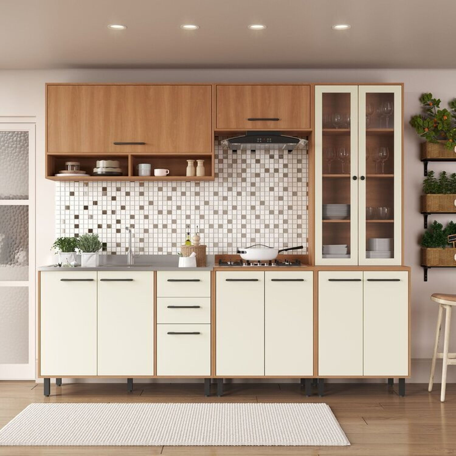 Cozinha Modulada Havana 5 Peças Com Cristaleira 11 Portas E 2 Gavetas Rovere/champanhe