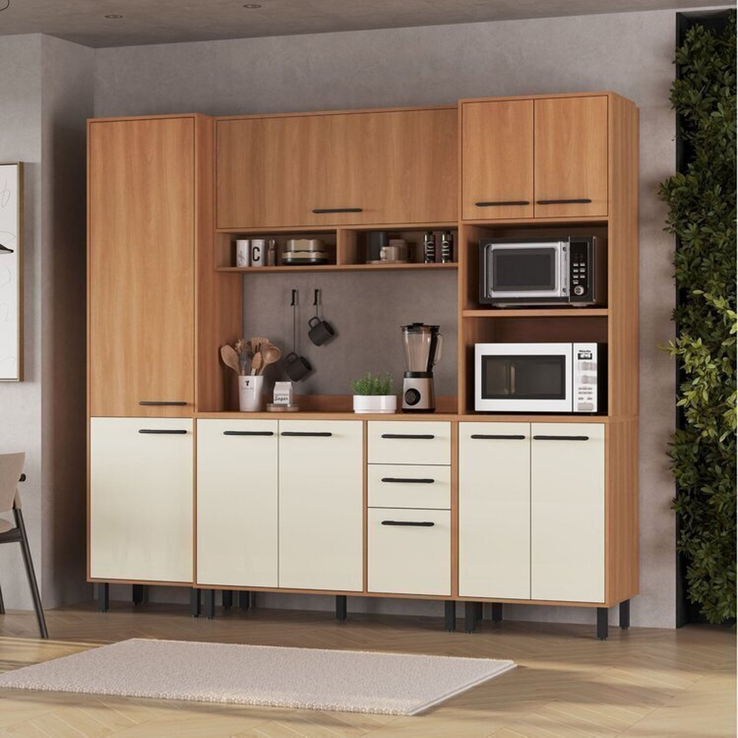 Cozinha Modulada Havana 4 Peças Com Tampo E Torre Quente 10 Portas E 2 Gavetas Rovere/champanhe