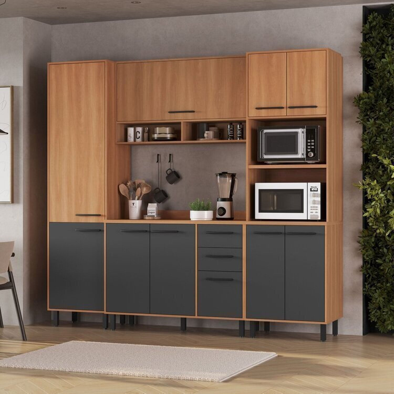 Cozinha Modulada Havana 4 Peças Com Tampo E Torre Quente 10 Portas E 2 Gavetas Rovere/grafite