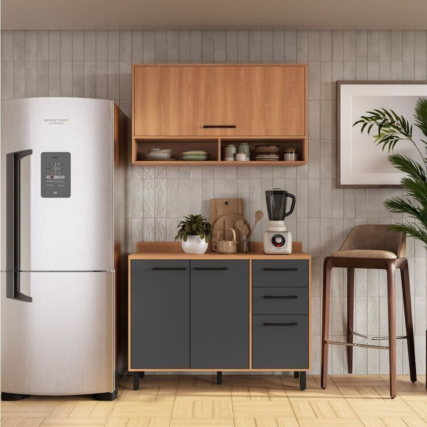 Cozinha Modulada Havana 2 Peças Com Tampo 4 Portas E 2 Gavetas Rovere/grafite