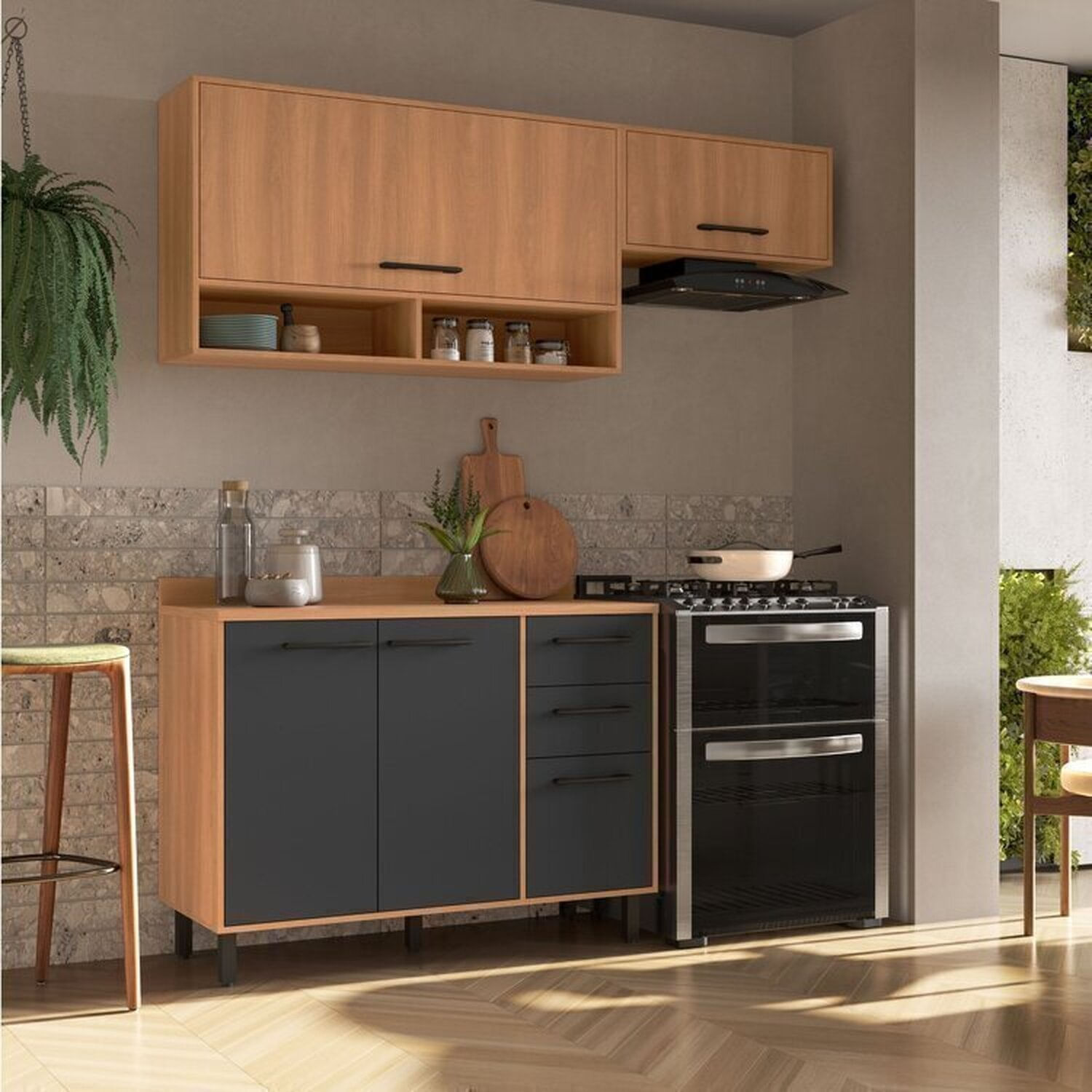 Cozinha Modulada Havana 3 Peças Com Tampo 5 Portas E 2 Gavetas Rovere/grafite