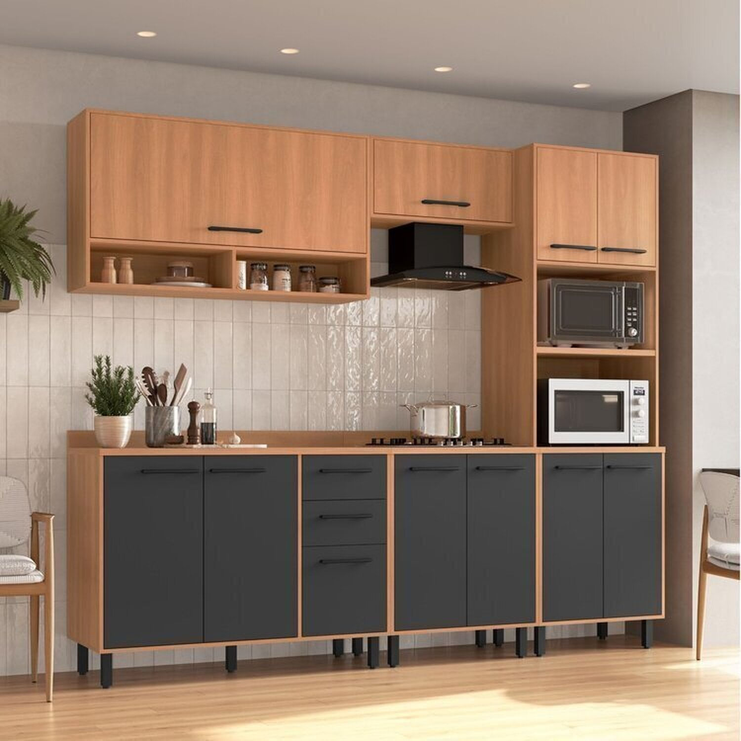 Cozinha Modulada Havana 5 Peças Com Tampo 11 Portas E 2 Gavetas Rovere/grafite
