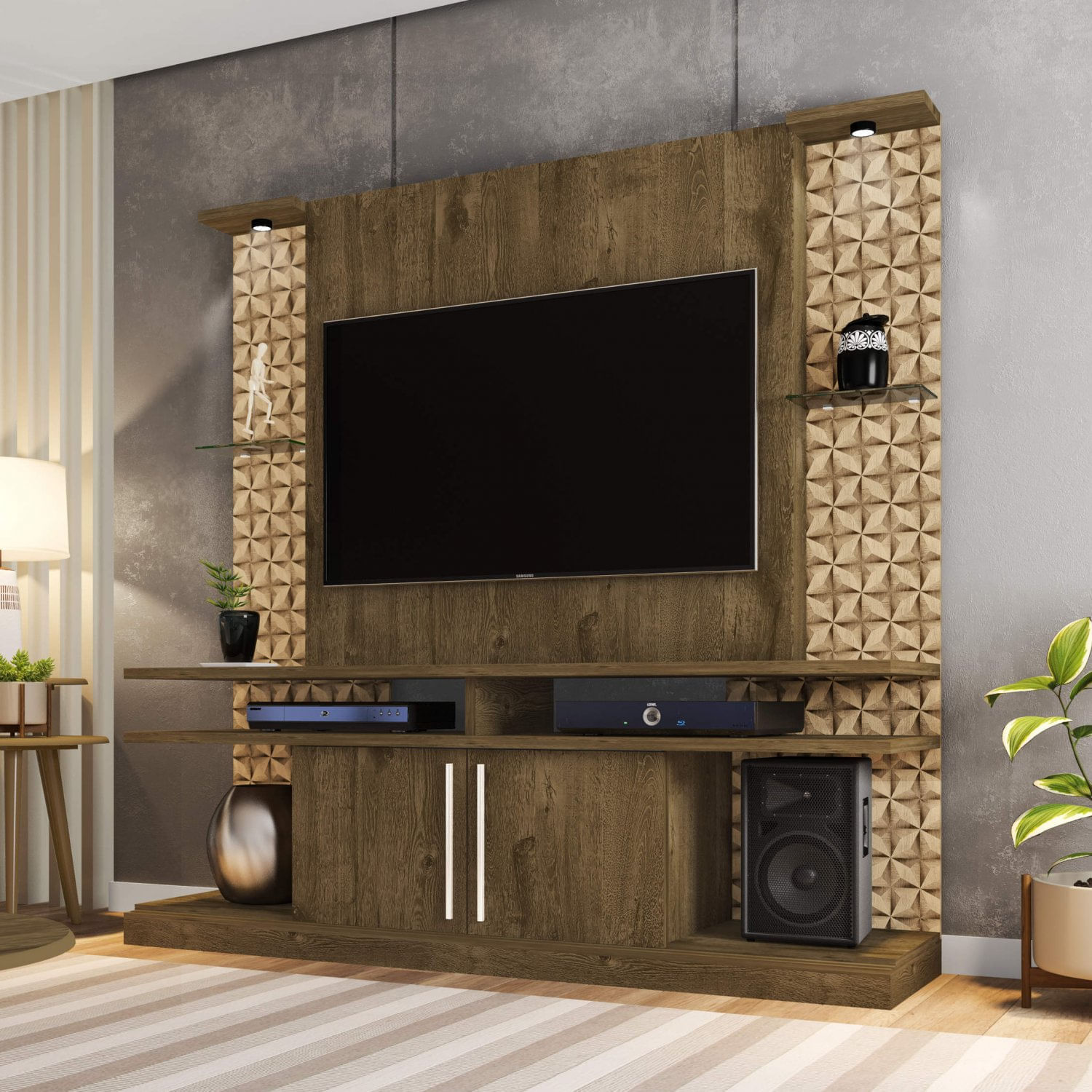 Estante Home York com LED e Prateleiras de Vidro Tradicional Moderno Móveis Bechara Madeira Rústica/3D