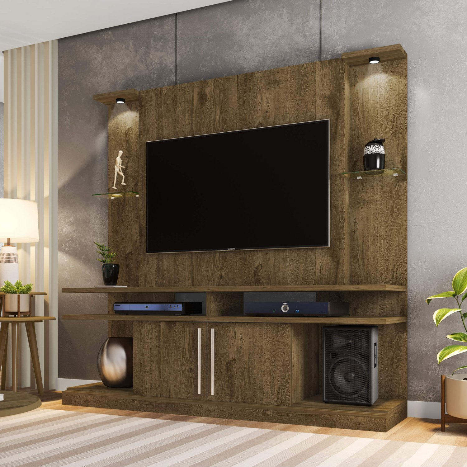 Estante Home York com LED e Prateleiras de Vidro Tradicional Moderno Móveis Bechara Madeira Rústica