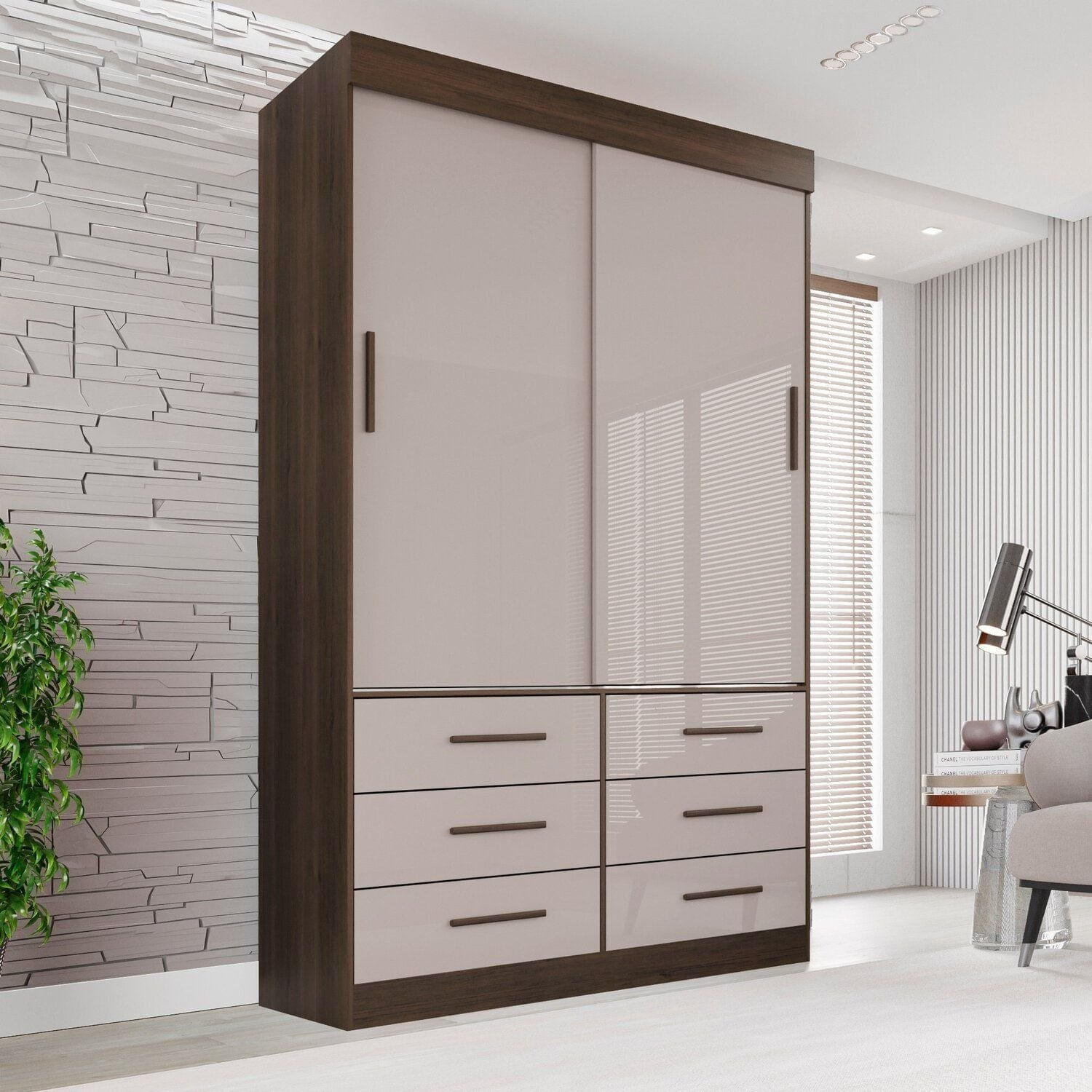 Guarda Roupa Solteiro 2 Portas 6 Gavetas Luana Savana/off White