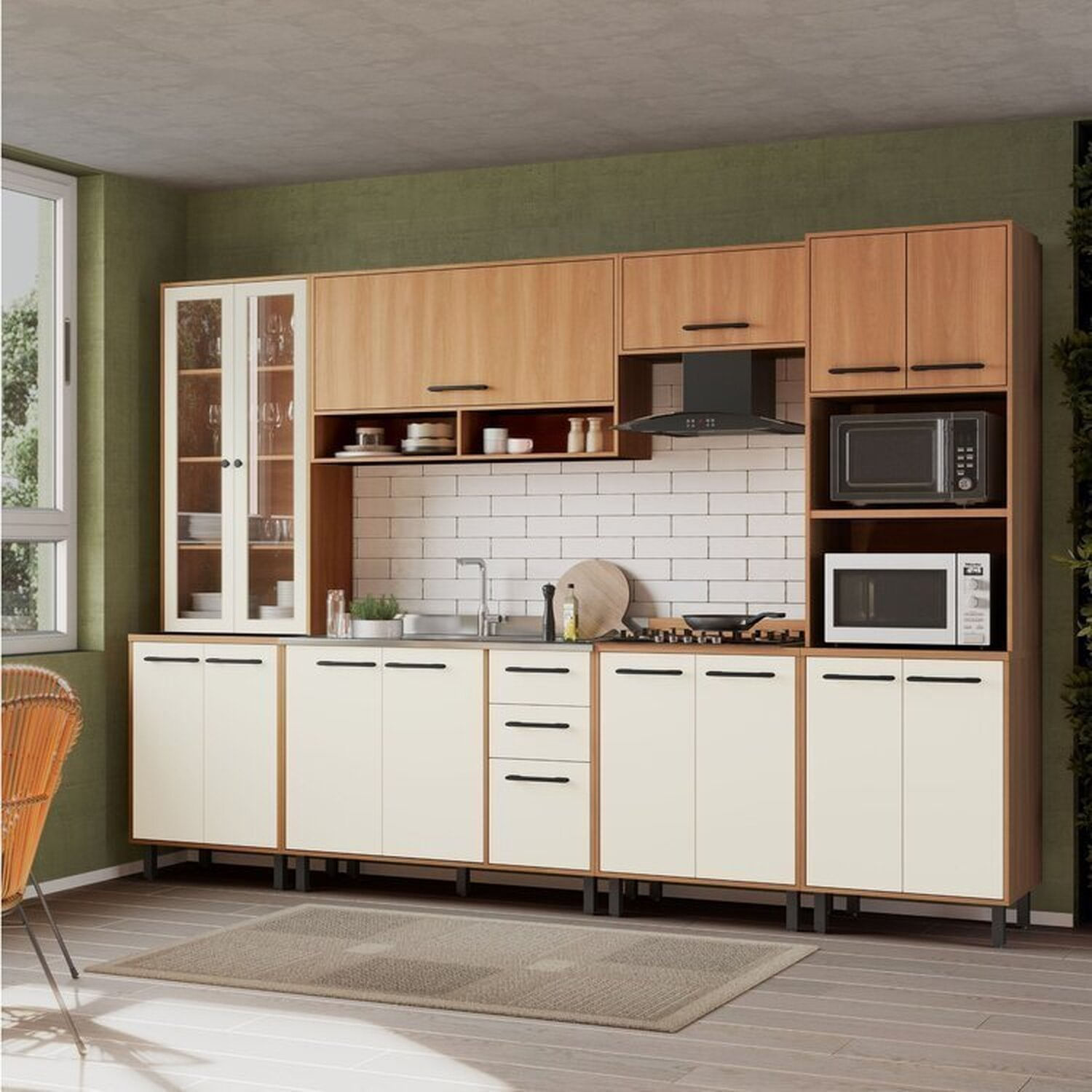 Cozinha Modulada Havana 06 Peças Com Cristaleira 15 Portas E 02 Gavetas Rovere/champanhe