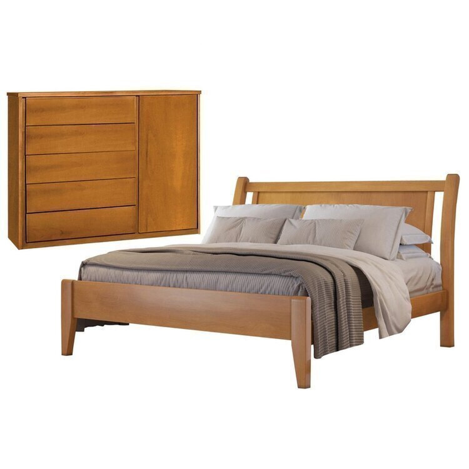 Conjunto Quarto De Casal Cama Queen Madeira Maciça E Cômoda Com 5 Gavetas E Sapateira Unique Amêndoa Mel