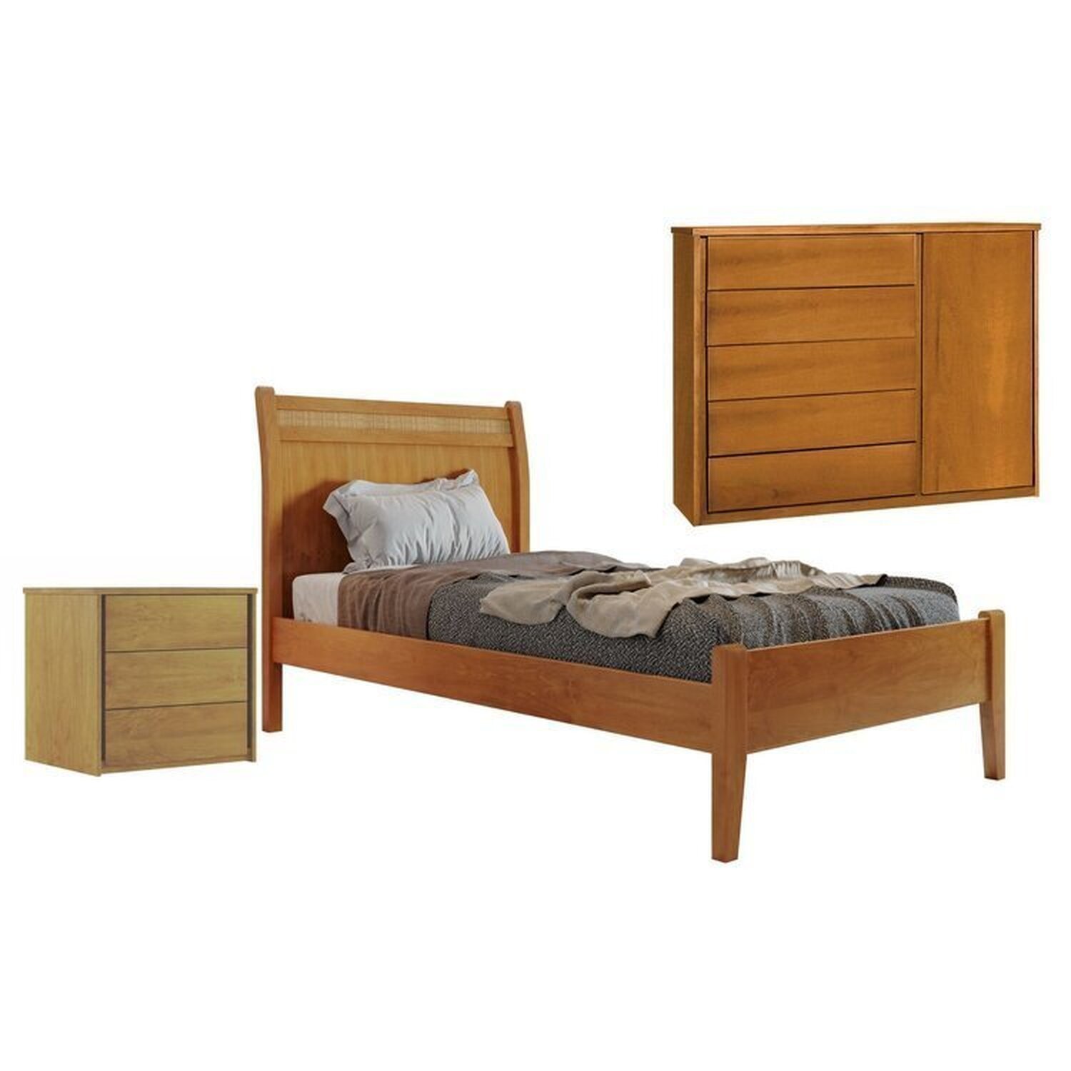 Conjunto Cama Solteiro 90cm Esmeralda, Cômoda 5 Gavetas Unique E Mesa De Cabeceira Unique Amêndoa Mel