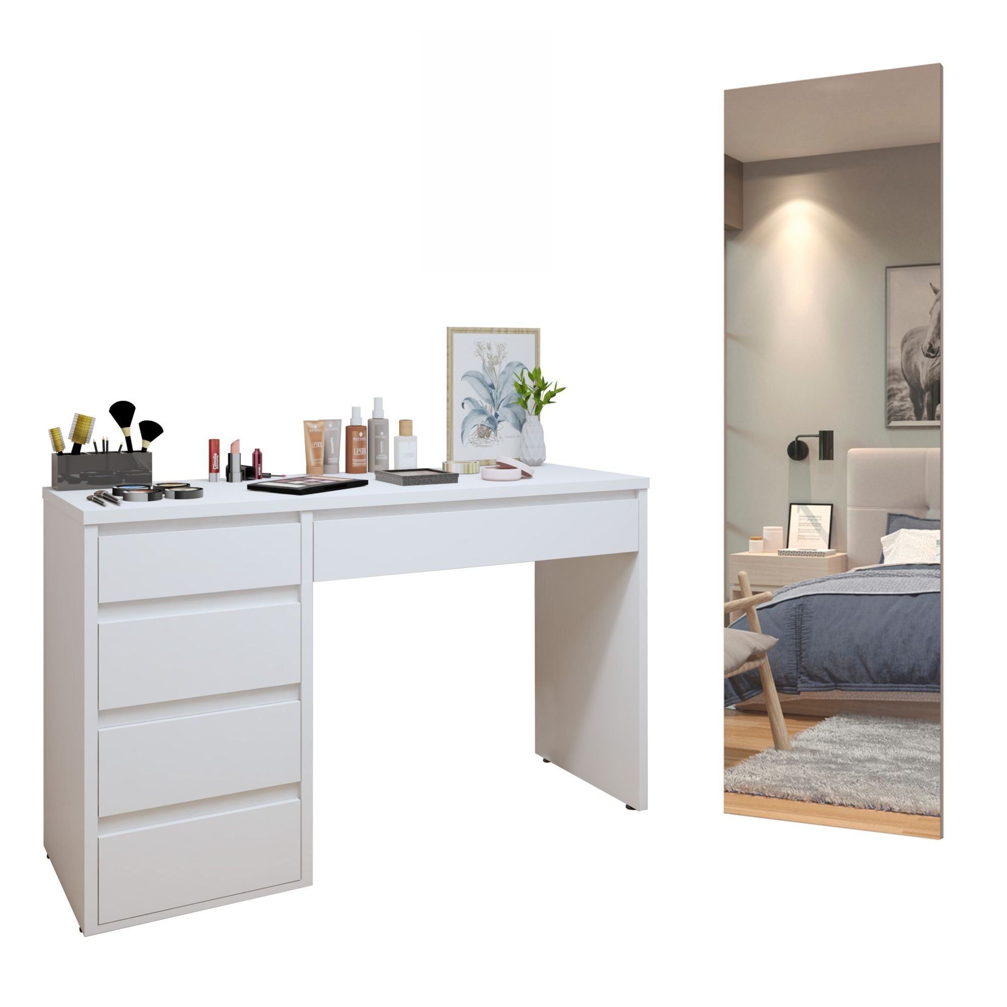 Conjunto Escrivaninha 5 Gavetas Berlim E Espelho Retangular 180cm Flora Branco