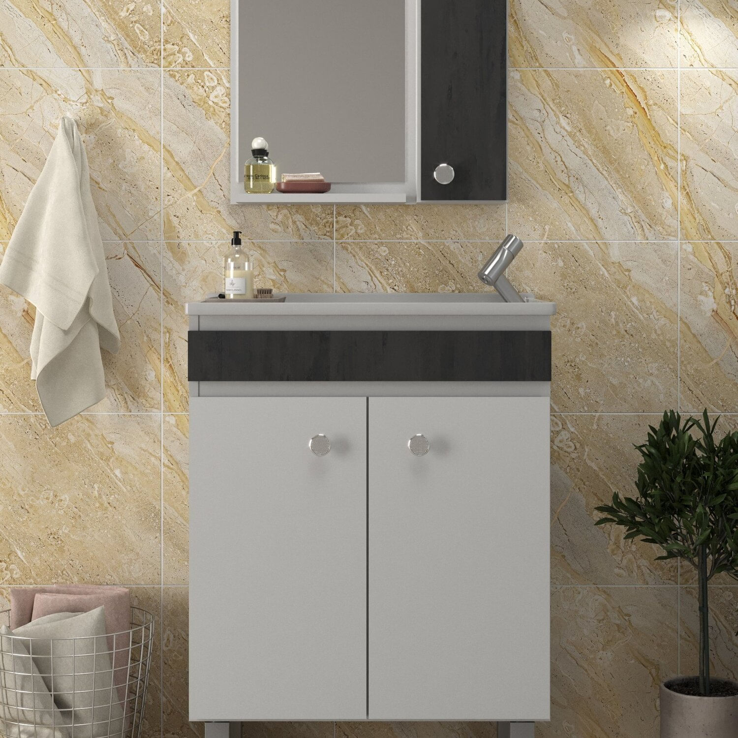 Conjunto Balcão Para Banheiro Com Espelheira Palermo 55 Branco/ Carbono