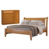 Conjunto Quarto De Casal Cama Queen Madeira Maciça E Cômoda 5 Gavetas Detalhes Em Rattan Unique Amêndoa Mel