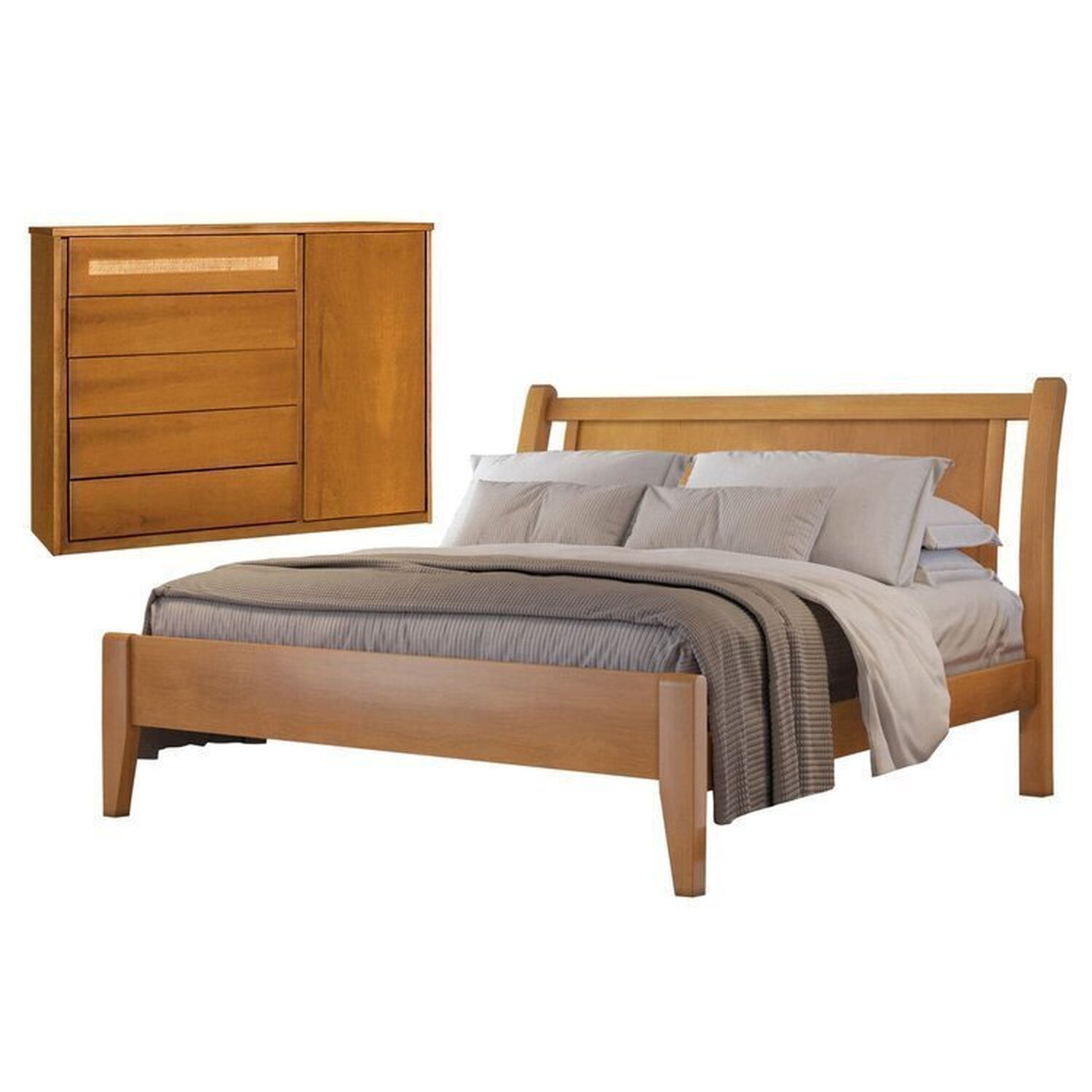 Conjunto Quarto De Casal Cama Queen Madeira Maciça E Cômoda Com 5 Gavetas E Sapateira Rattan Unique Amêndoa Mel