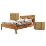 Conjunto Quarto De Casal Cama Queen Em Madeira Maciça E 2 Mesas De Cabeceira 3 Gavetas Unique Amêndoa Mel