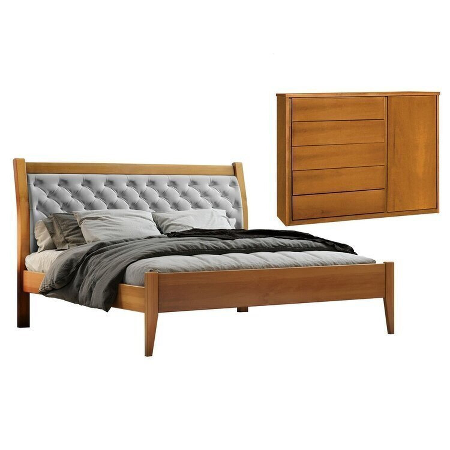 Conjunto Quarto De Casal Cama 140cm Vivare E 2 Mesas De Cabeceira 2 Gavetas Amêndoa Mel/cinza Claro