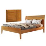 Conjunto Quarto De Casal Cama Madeira Maciça Detalhe Rattan E Cômoda 5 Gavetas Com Sapateira Unique Amêndoa Mel