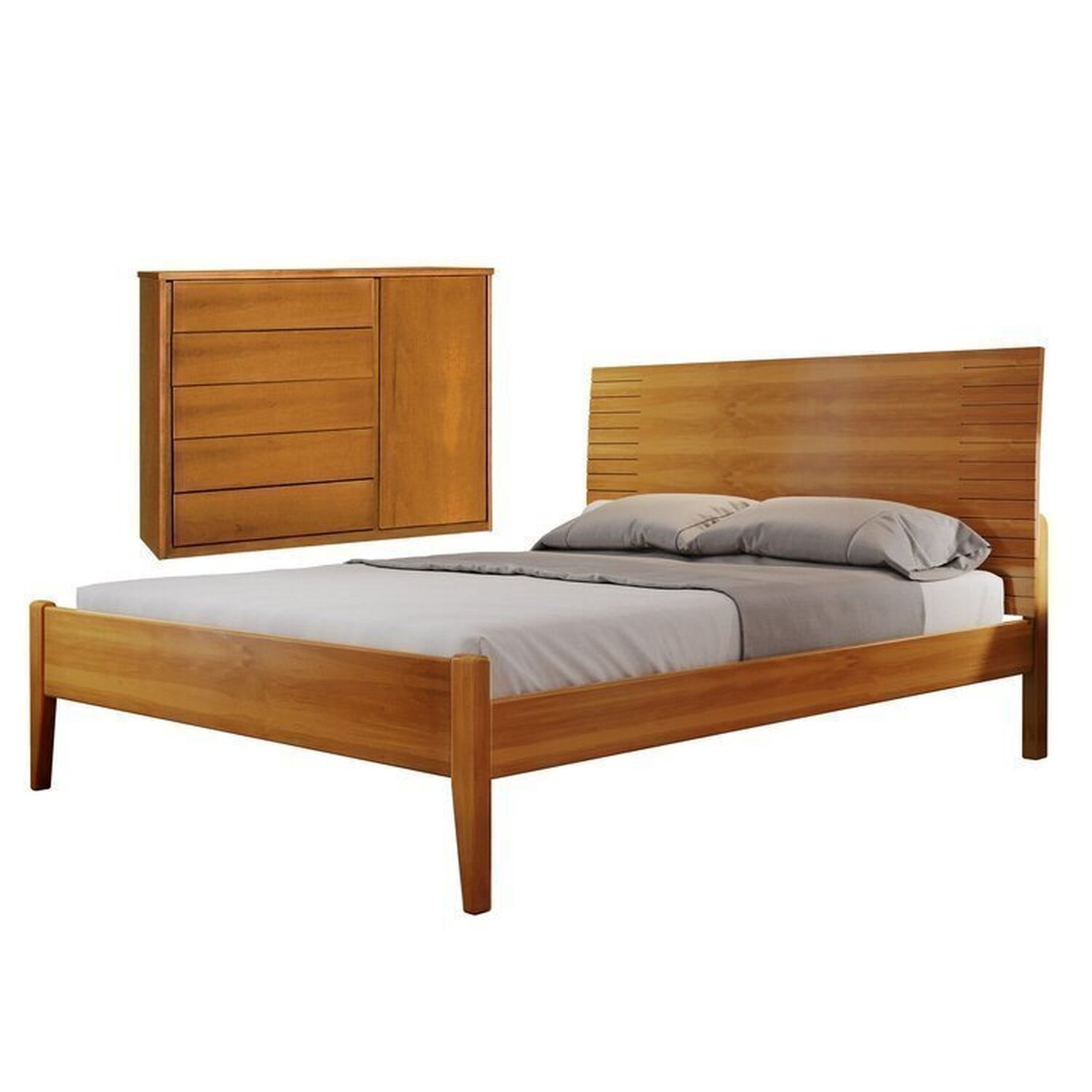 Conjunto Quarto De Casal Cama 140cm Com Cômoda 5 Gavetas Com Sapateira Unique Amêndoa Mel