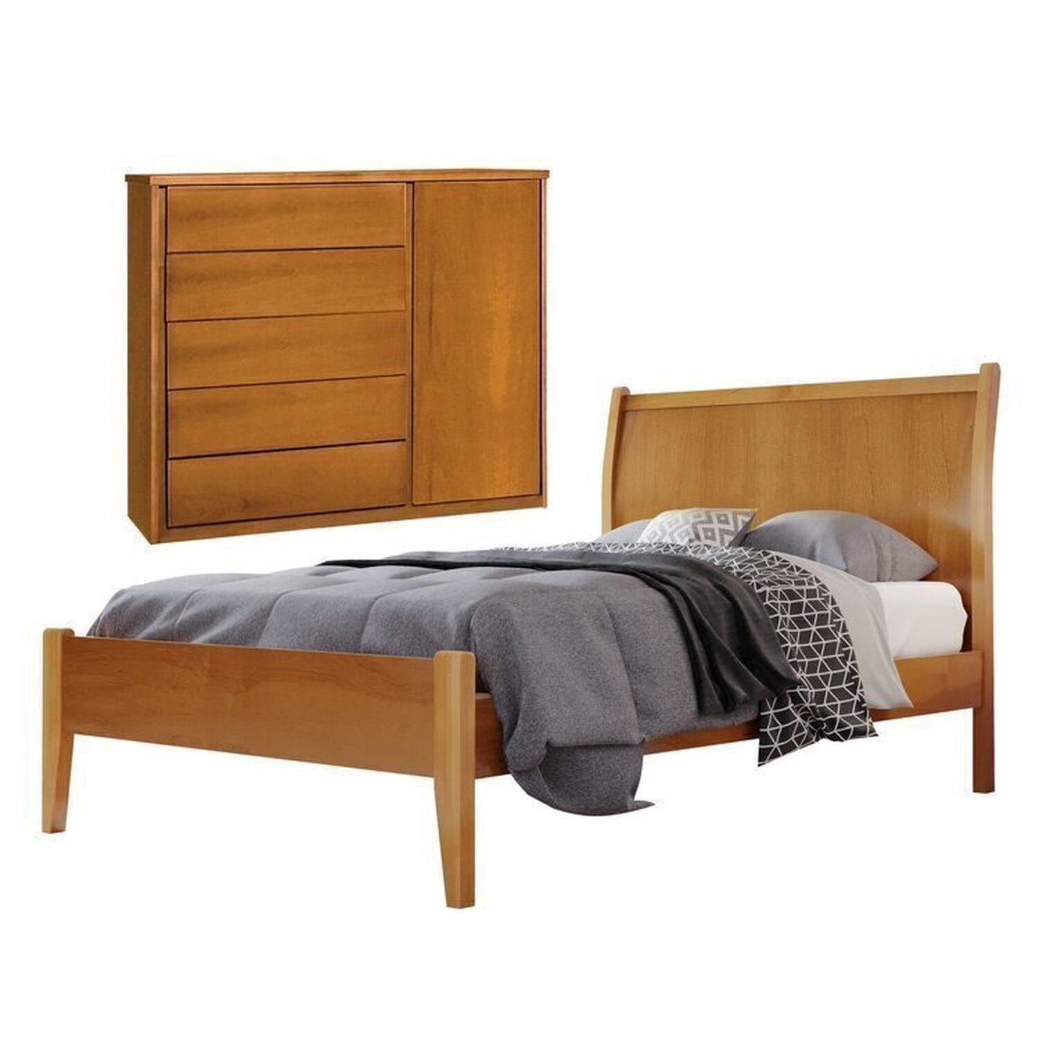 Conjunto Quarto De Solteiro Cama E Cômoda 5 Gavetas Com Sapateira Amêndoa Mel