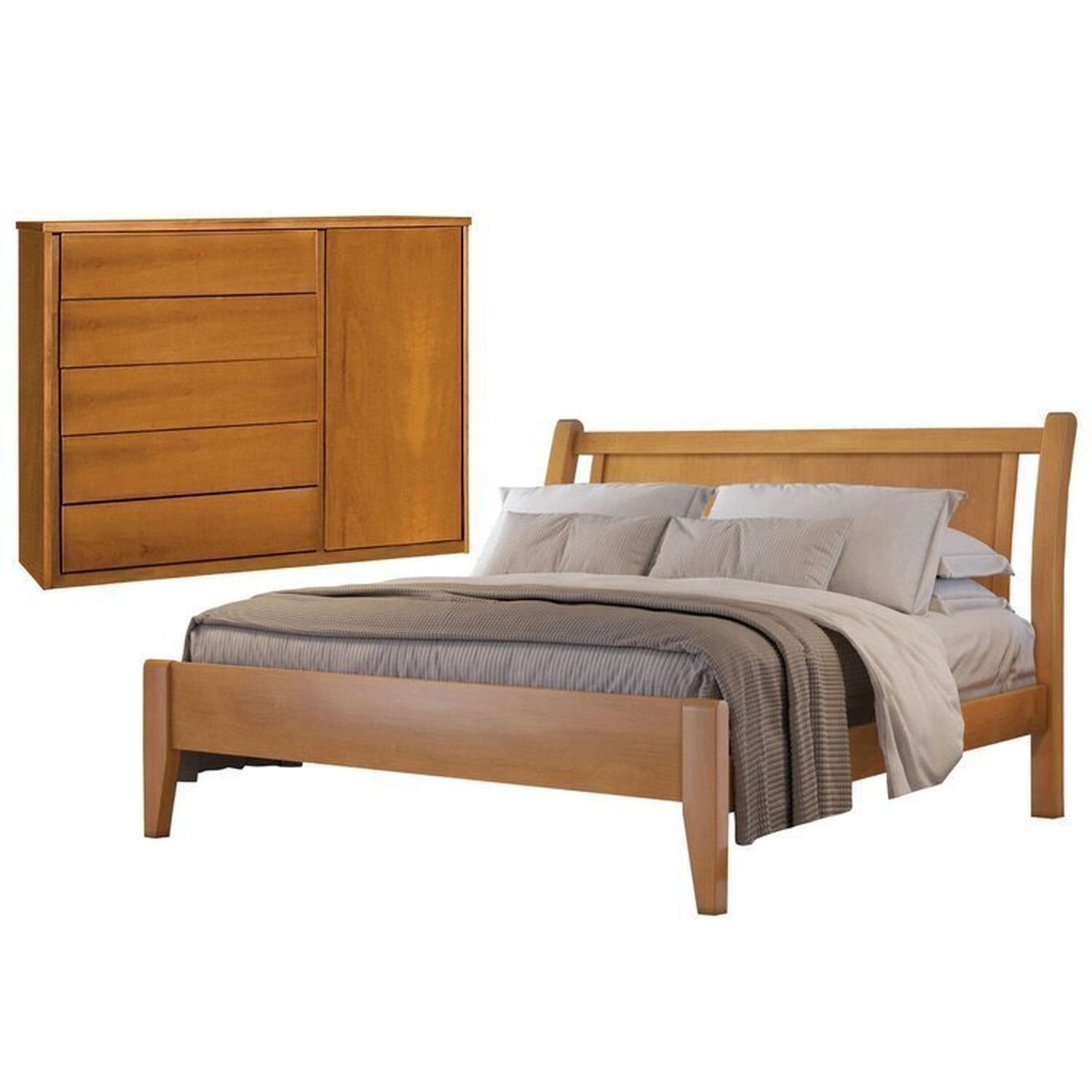 Conjunto Quarto De Casal Cama Madeira Maciça 140cm E Cômoda 5 Gavetas Com Sapateira Unique Amêndoa Mel