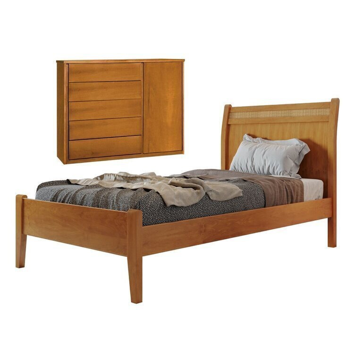 Conjunto Quarto De Solteiro Cama 90cm E Cômoda 5 Gavetas Com Sapateira Unique Amêndoa Mel