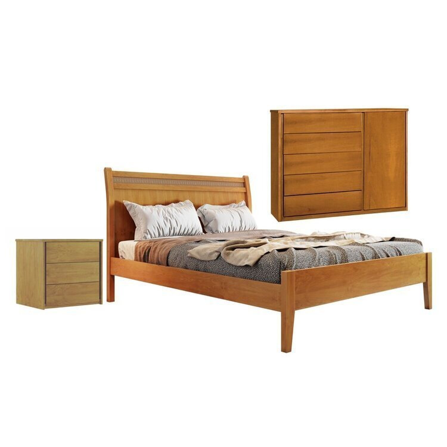 Conjunto Cama Queen 160cm Esmeralda, Cômoda 5 Gavetas Unique E Mesa De Cabeceira Unique Amêndoa Mel