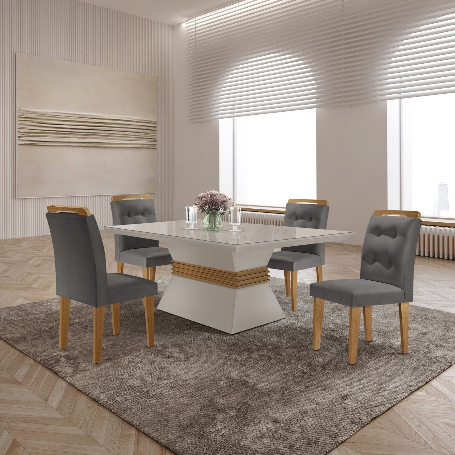 Mesa Clarice 120 Tp Mdf Vidro/canto Reto 4 Cad Valentina Grafite/off White/imbuia/serig. Off