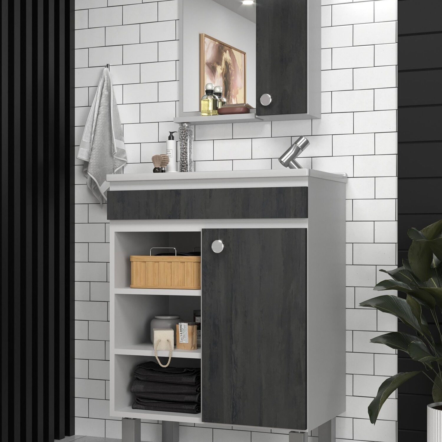 Conjunto Balcão Para Banheiro Com Espelheira Siena 55 Branco/ Carbono