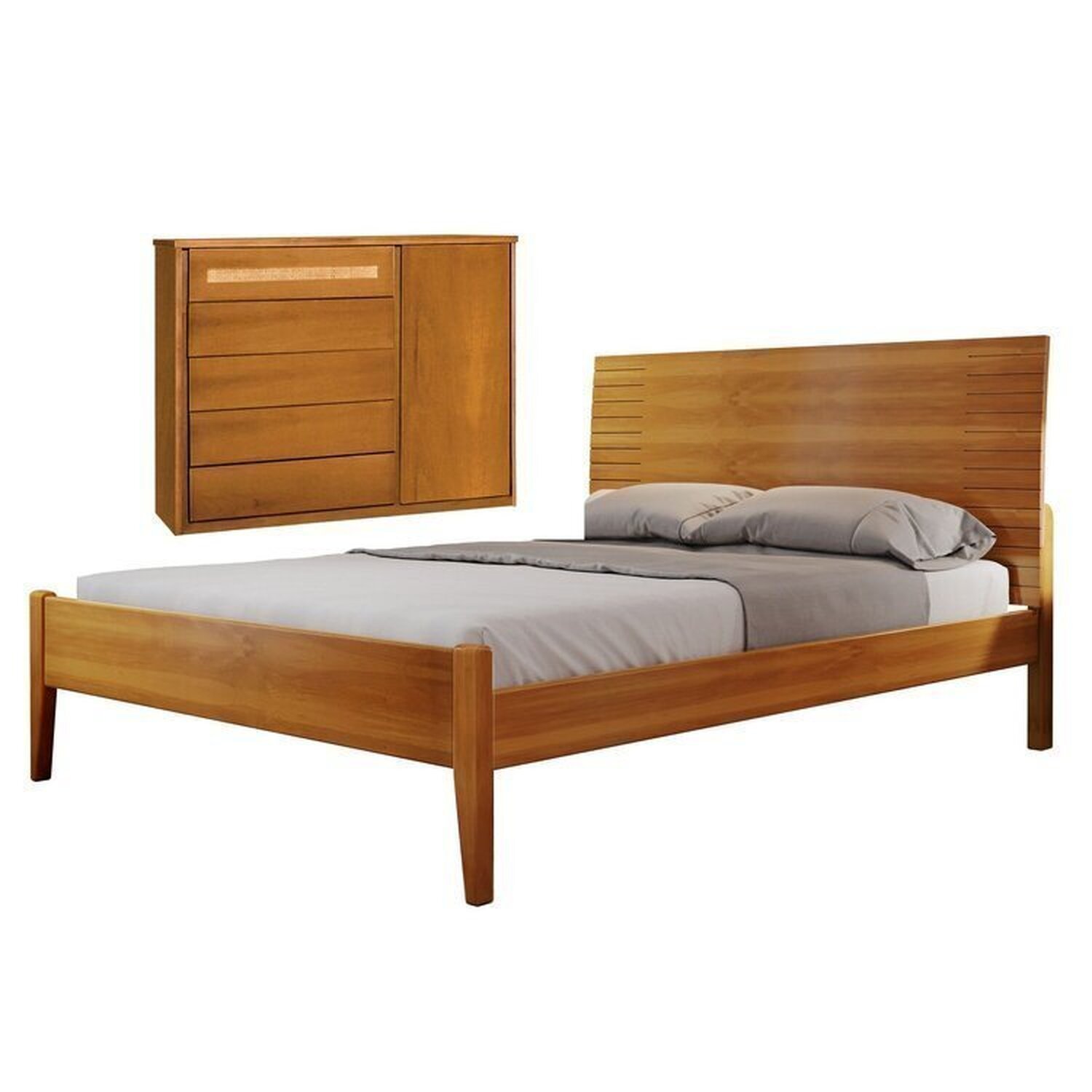 Conjunto Quarto De Casal Cama Queen Madeira Maciça E Cômoda 5 Gavetas Com Sapateira Ratam Unique Amêndoa Mel
