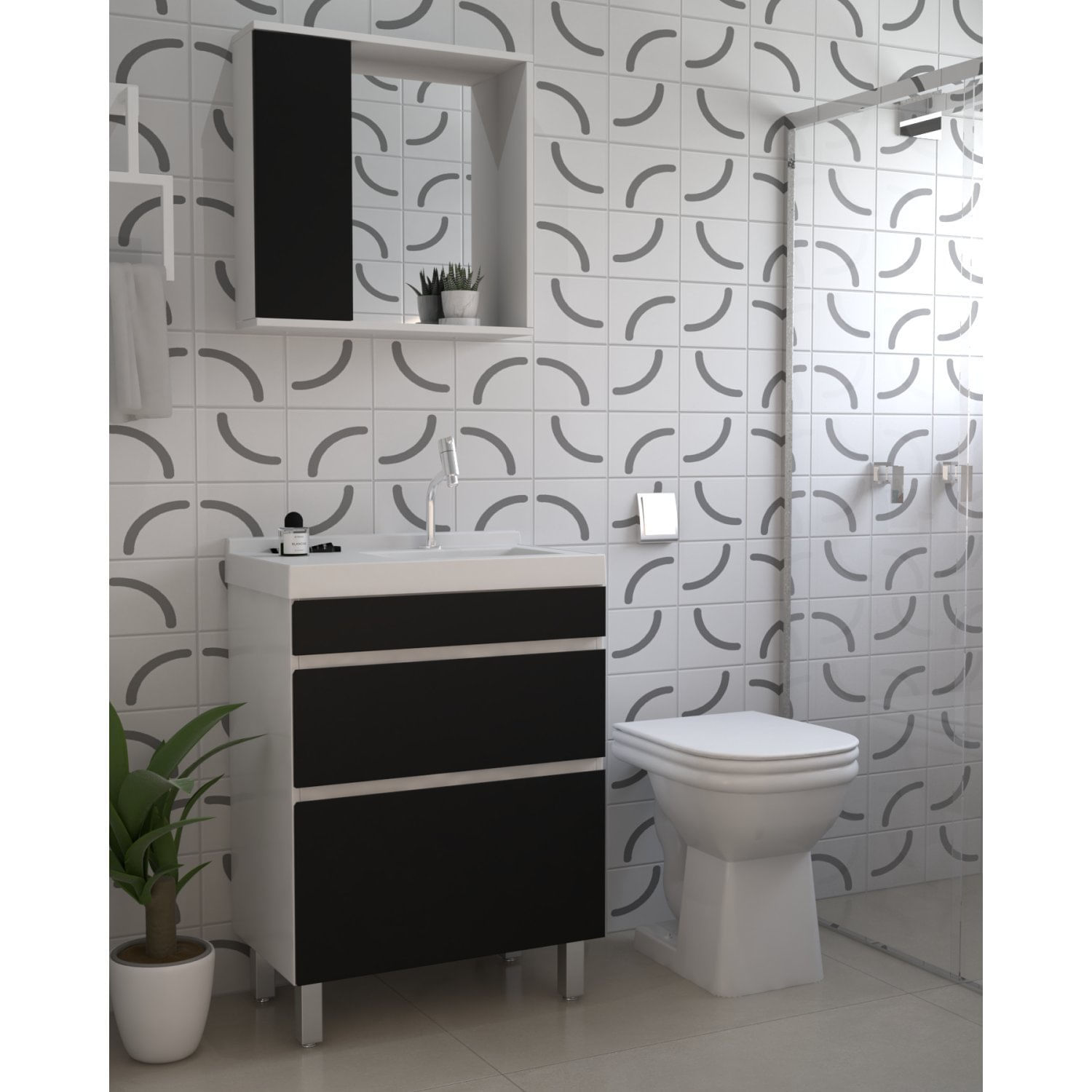 Gabinete De Banheiro 66cm Rivera Acetinado Branco/preto