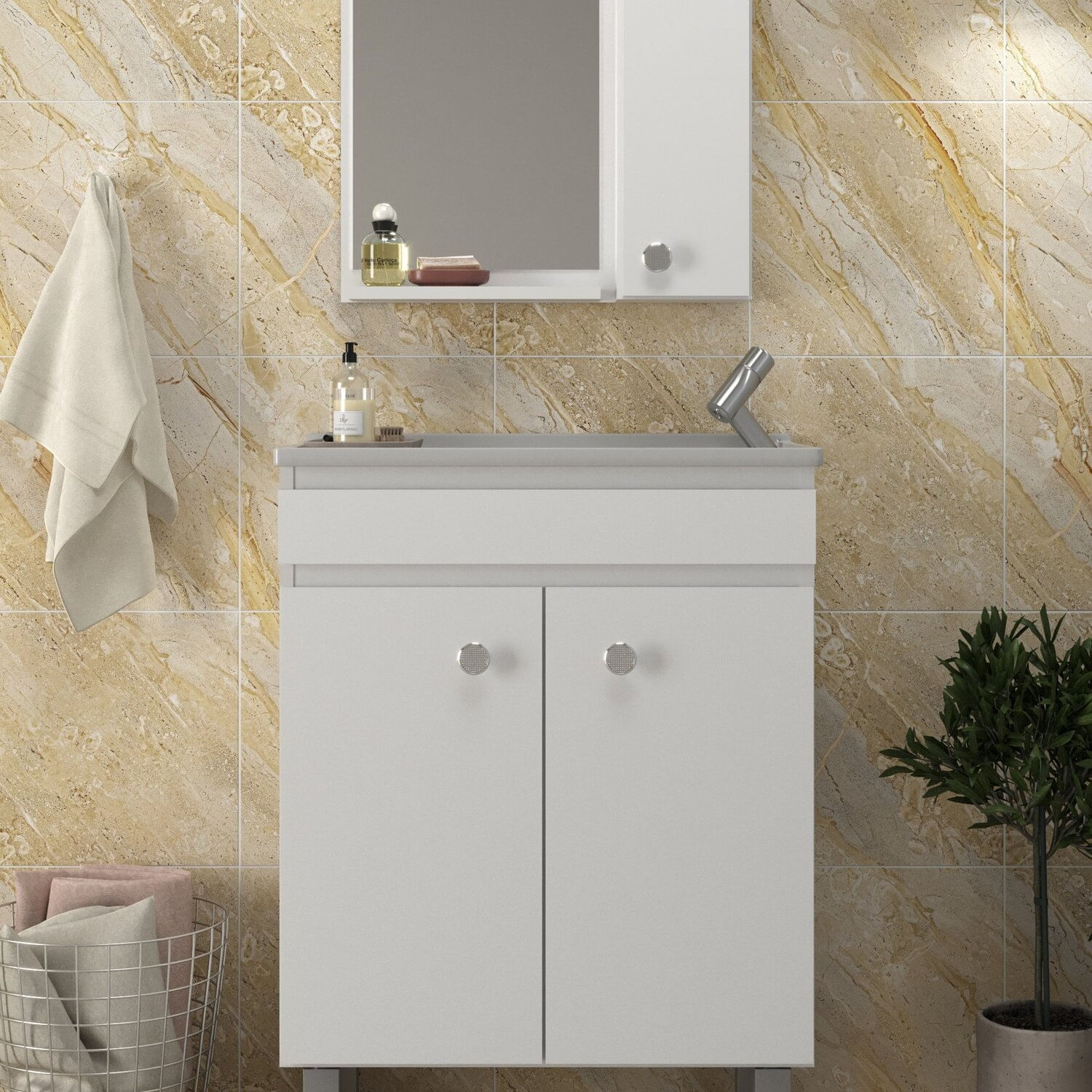 Conjunto Balcão Para Banheiro Com Espelheira Palermo 55 Branco