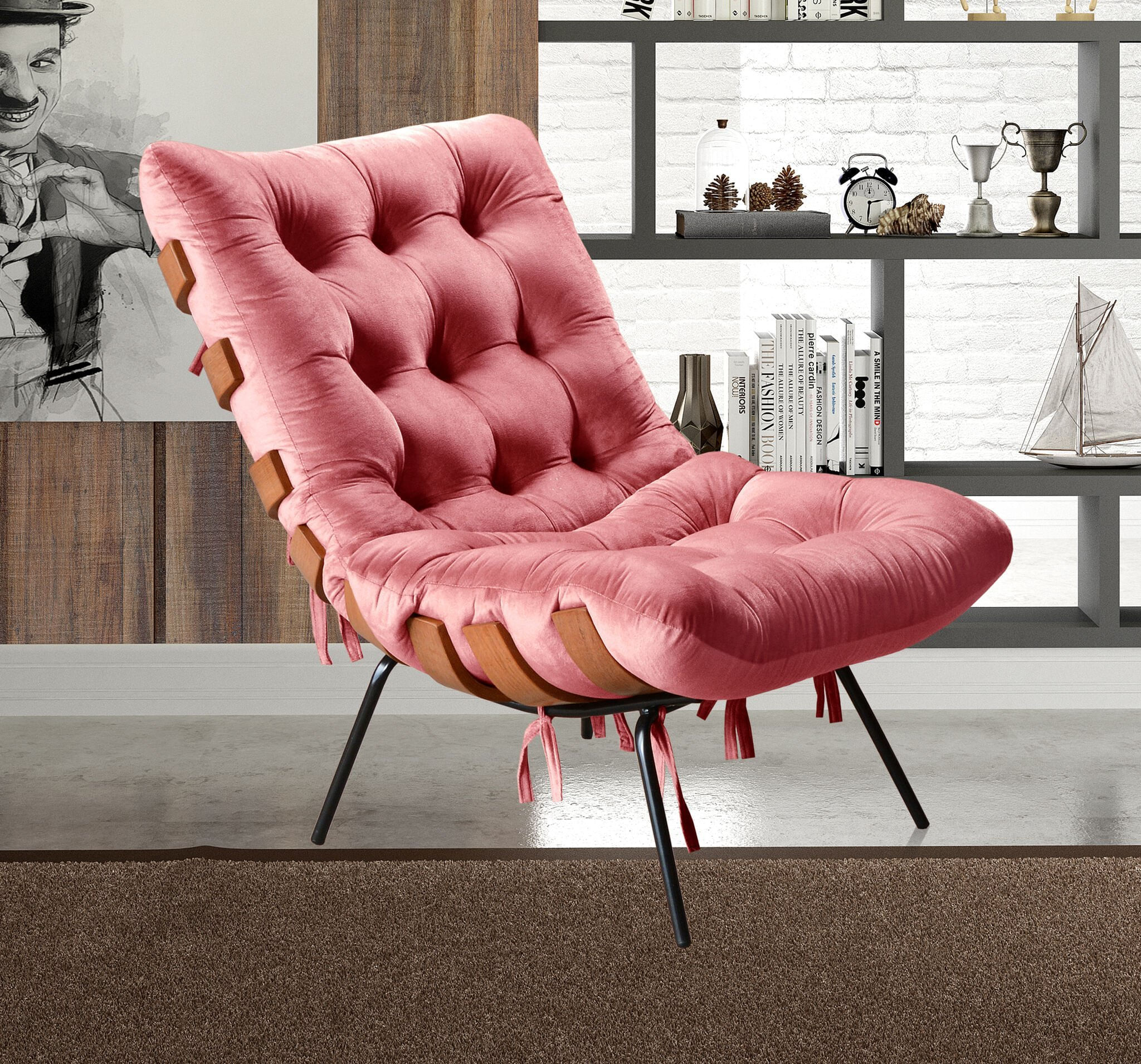 Poltrona Base Fixa Para Sala De Estar Costela Rosa