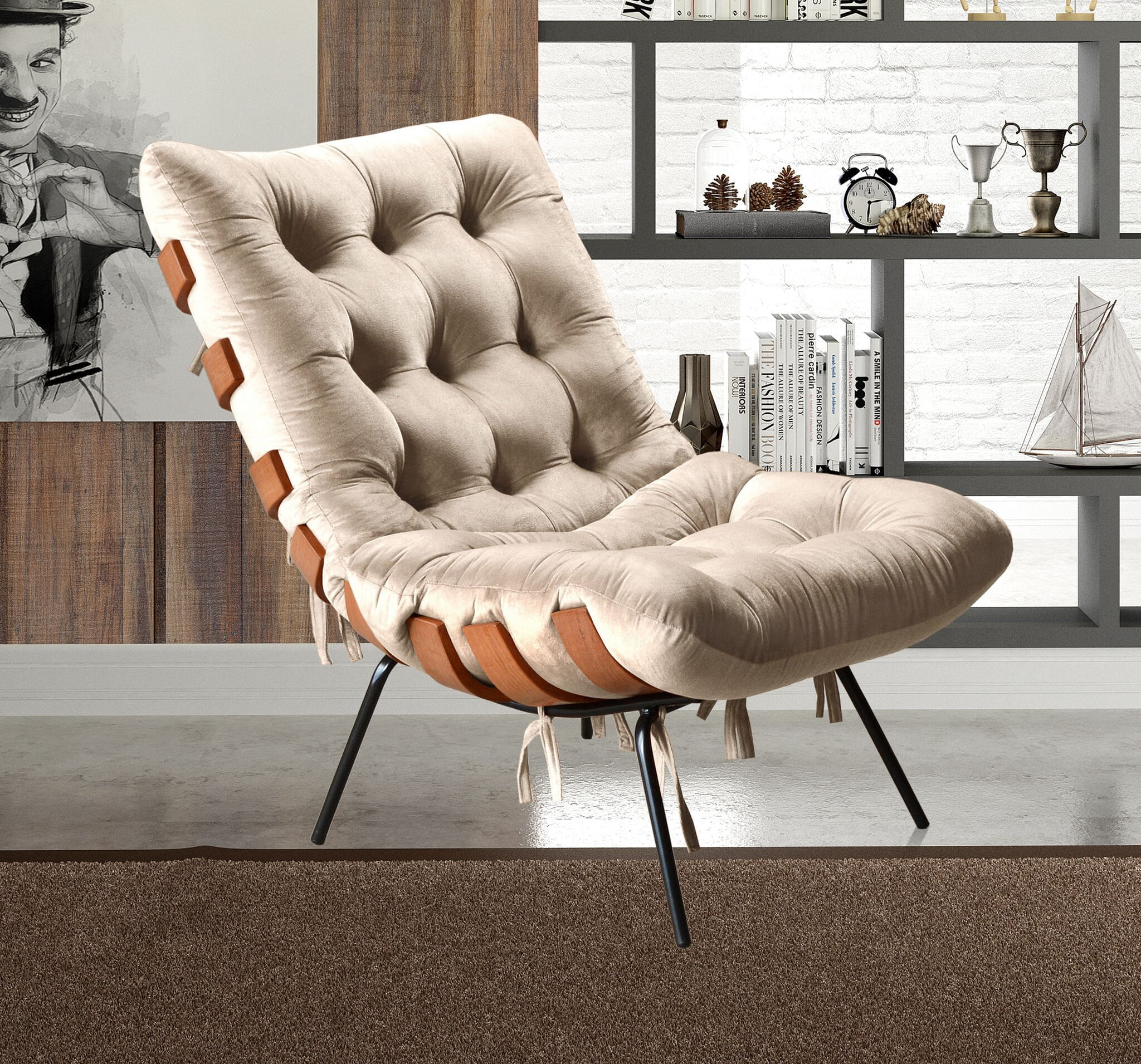 Poltrona Base Fixa Para Sala De Estar Costela Bege Claro