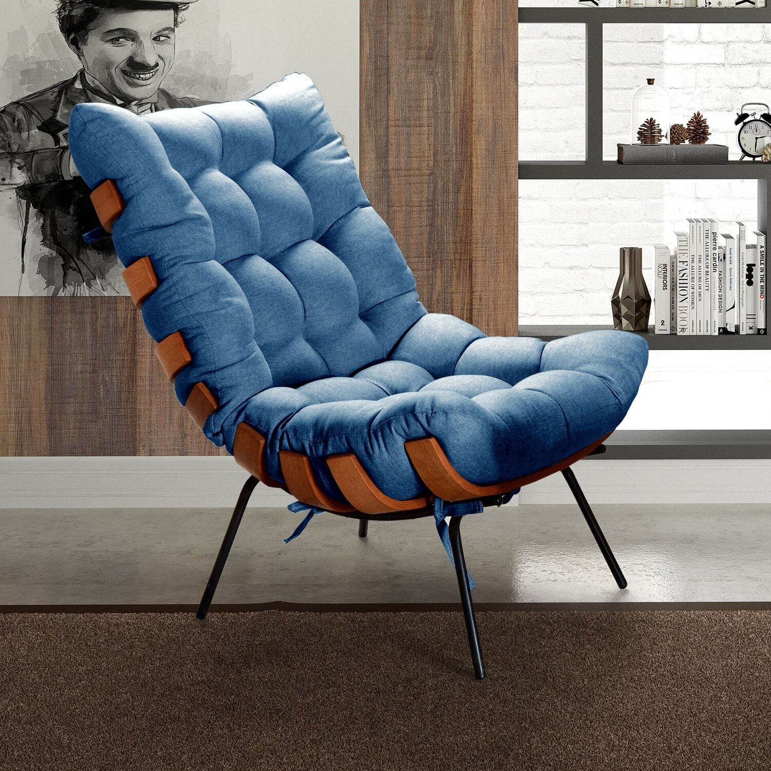 Poltrona Base Fixa Para Sala De Estar Costela Azul
