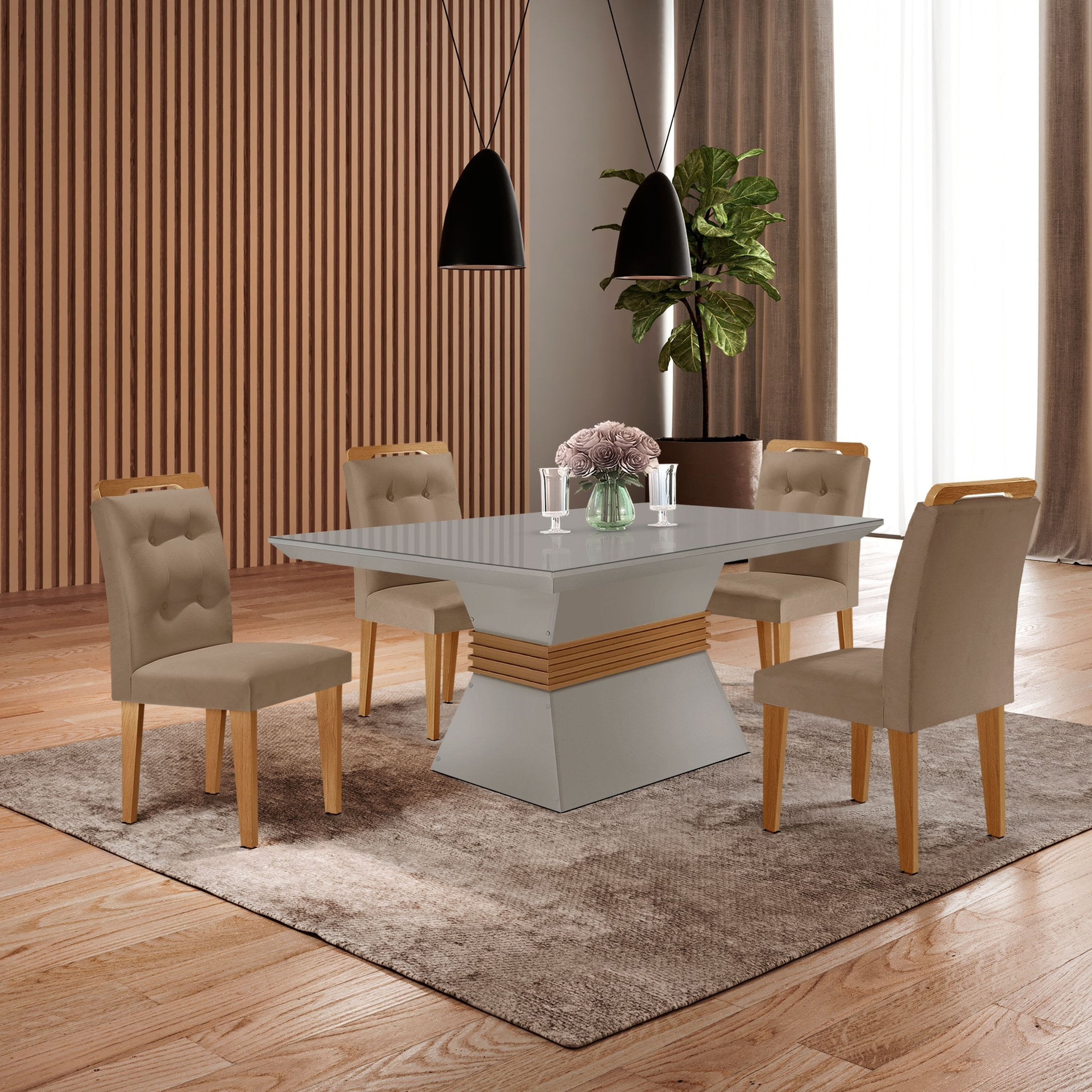 Mesa Clarice 120 Tp Mdf Vidro/canto Reto 4 Cad Valentina Capuccino/off White/imbuia/serig. Off