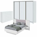 Quarto Com Guarda-roupa 3 Portas 6 Gavetas, Cômoda 2 Portas 7 Gavetas E Cama Solaris Branco