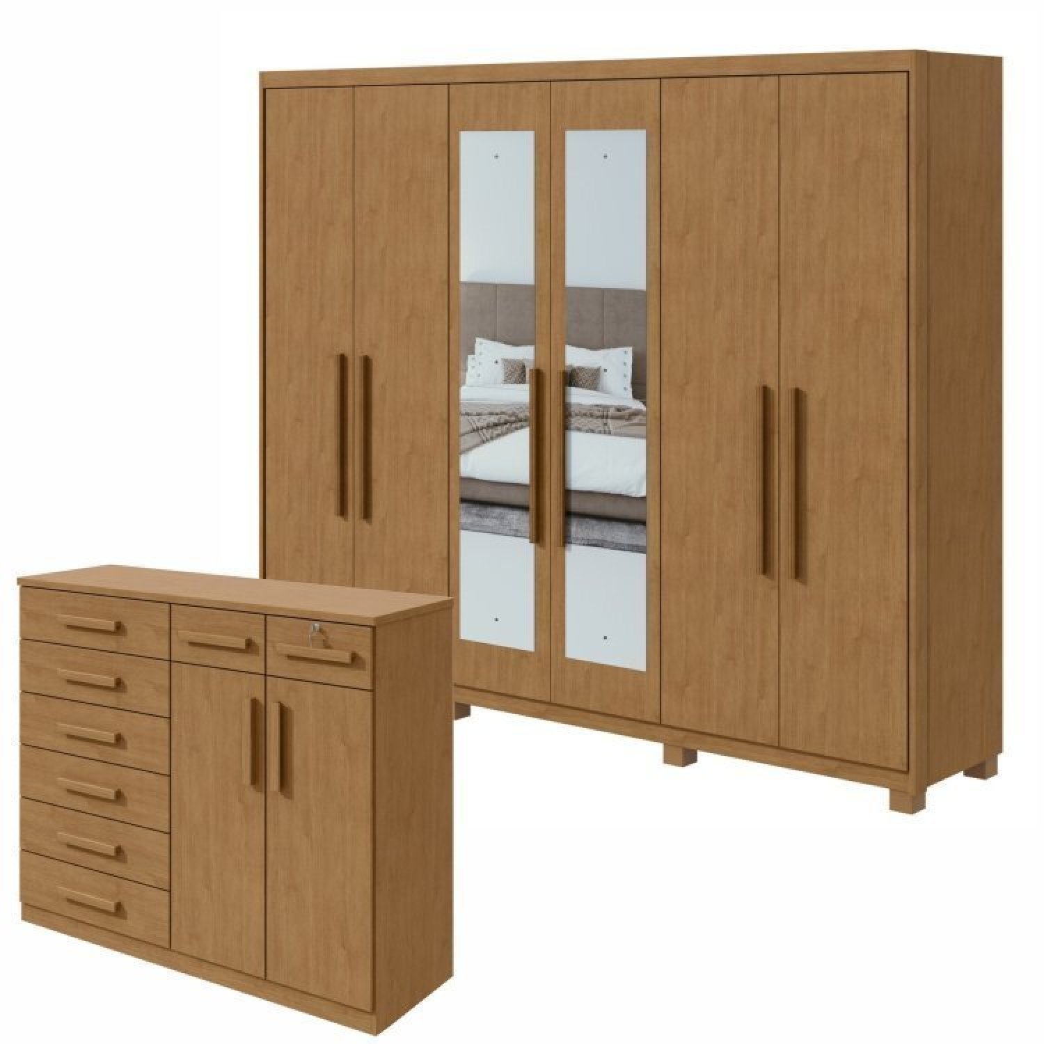 Conjunto De Guarda-roupa 6 Portas Com Espelho E Pés Áries E Cômoda Toronto Amêndoa Clean