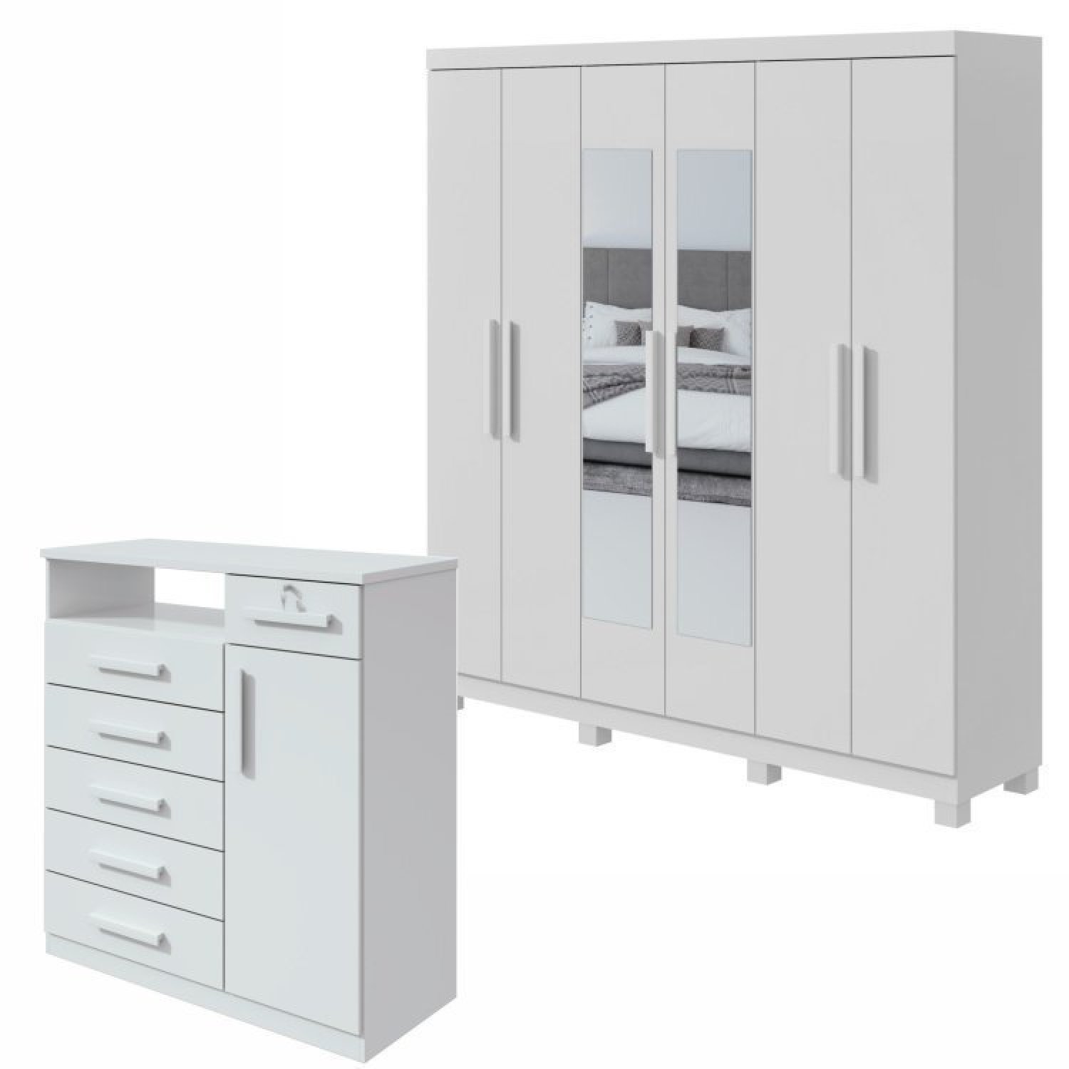 Conjunto De Guarda-roupa 6 Portas Com Espelho E Pés Jazz E Cômoda Da Vinci Branco