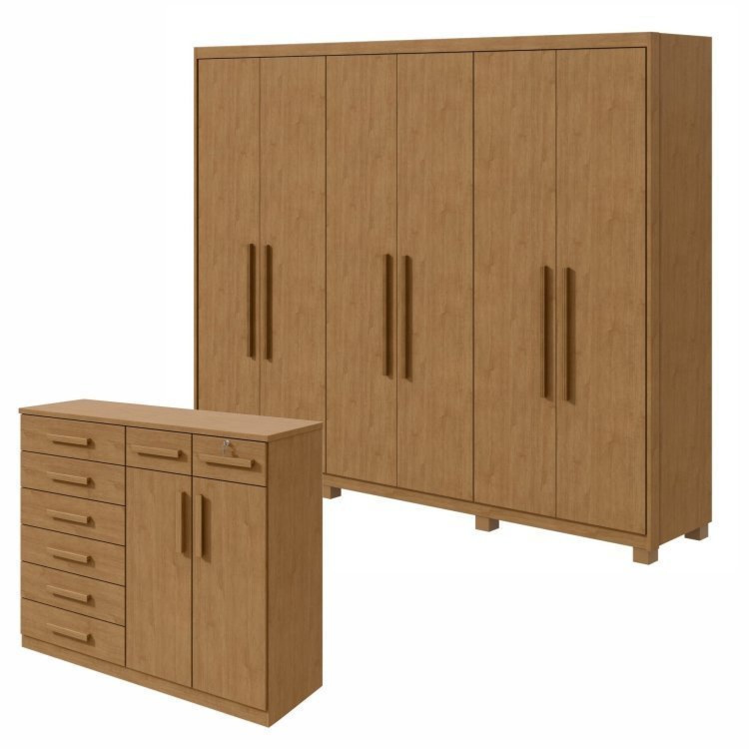 Conjunto De Guarda-roupa 6 Portas Com Pés Áries E Cômoda Toronto Amêndoa Clean