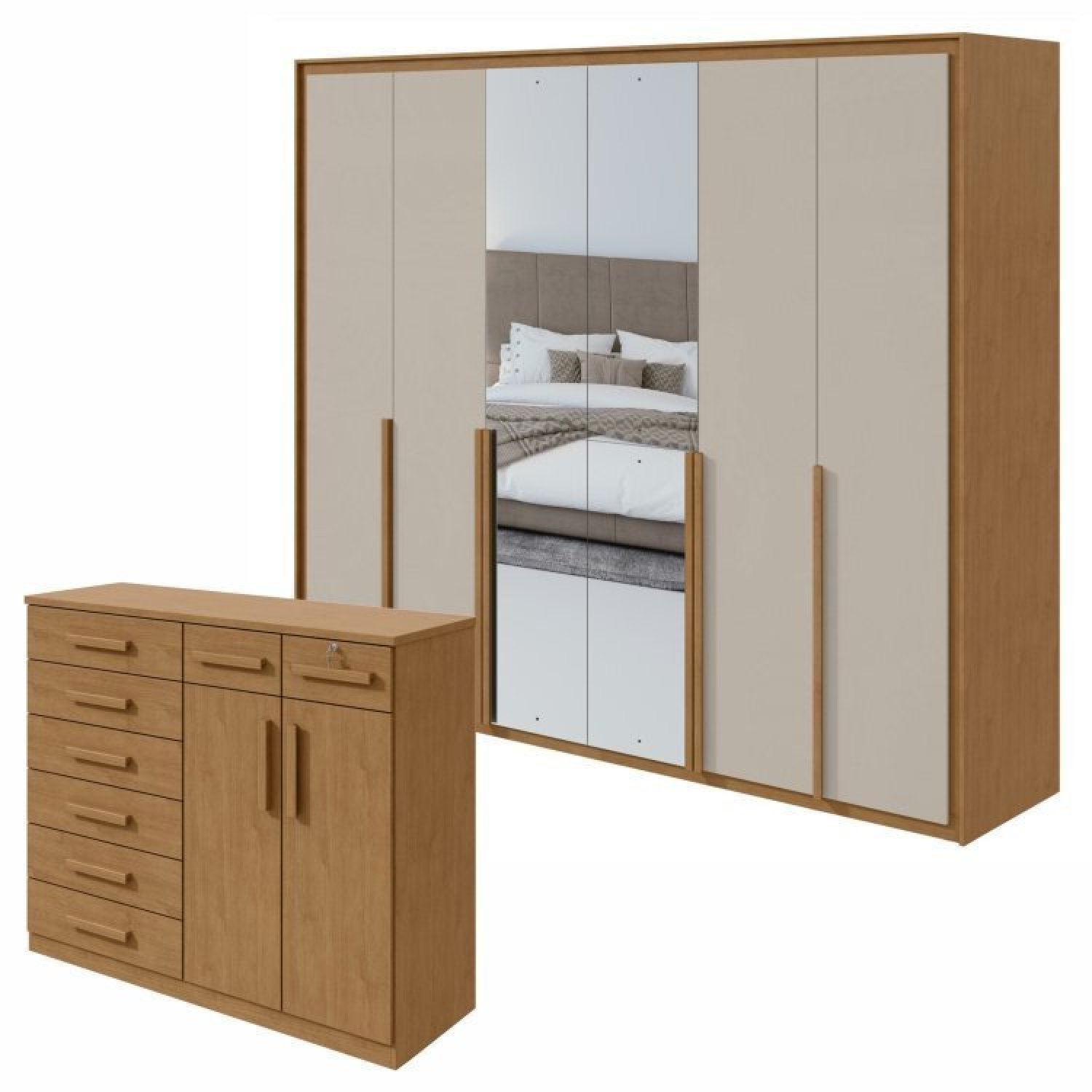 Conjunto De Guarda-roupa 6 Portas Com Espelho Imperatore Com Cômoda Toronto Amêndoa Clean/off White