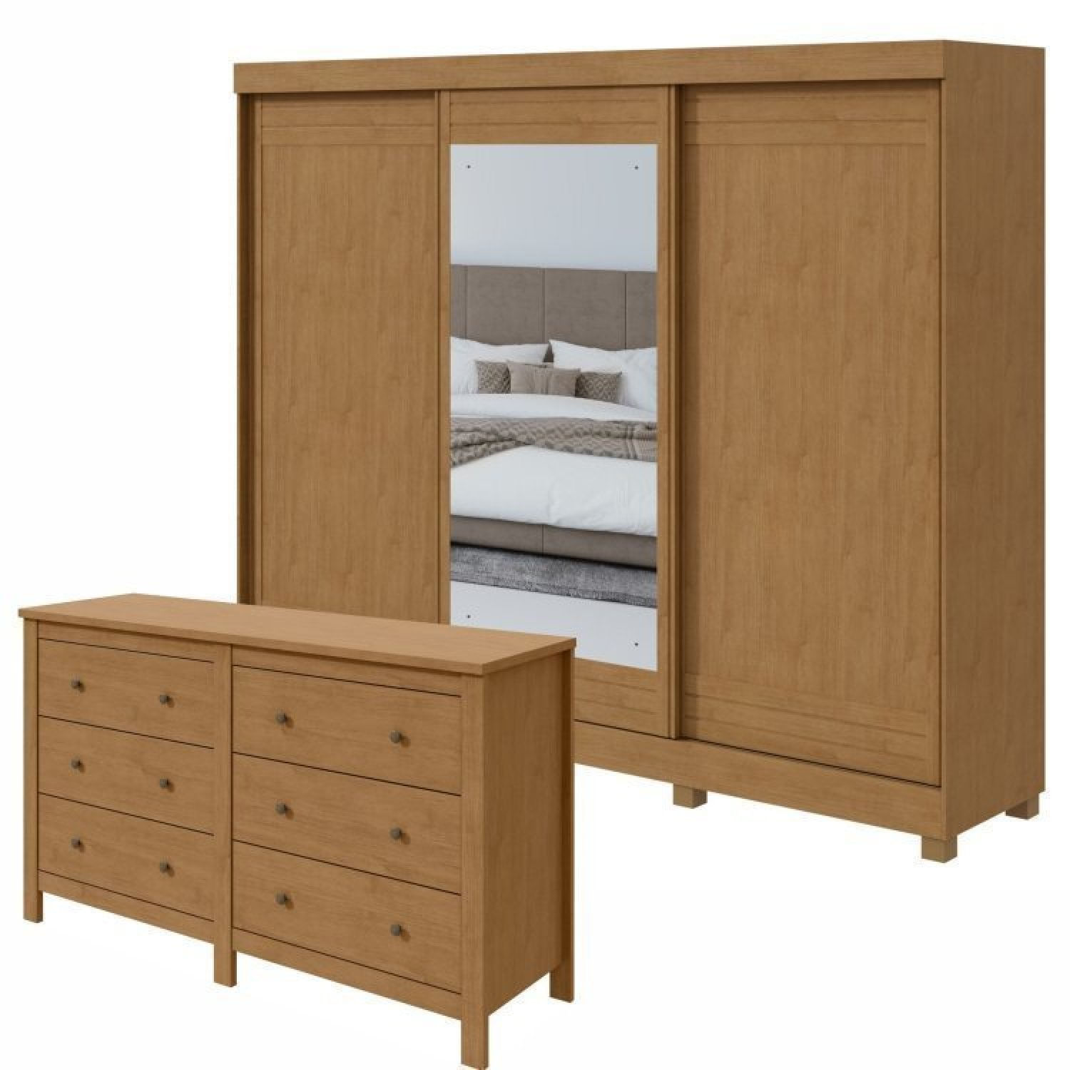 Conjunto De Guarda-roupa 3 Portas 4 Gavetas Nice Com Espelho E Com Pés e Cômoda Maggiore New Amêndoa Clean/off White