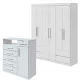 Conjunto De Guarda-roupa Casal Com Espelho 6 Portas 4 Gavetas Zeus e Cômoda Da Vinci Branco