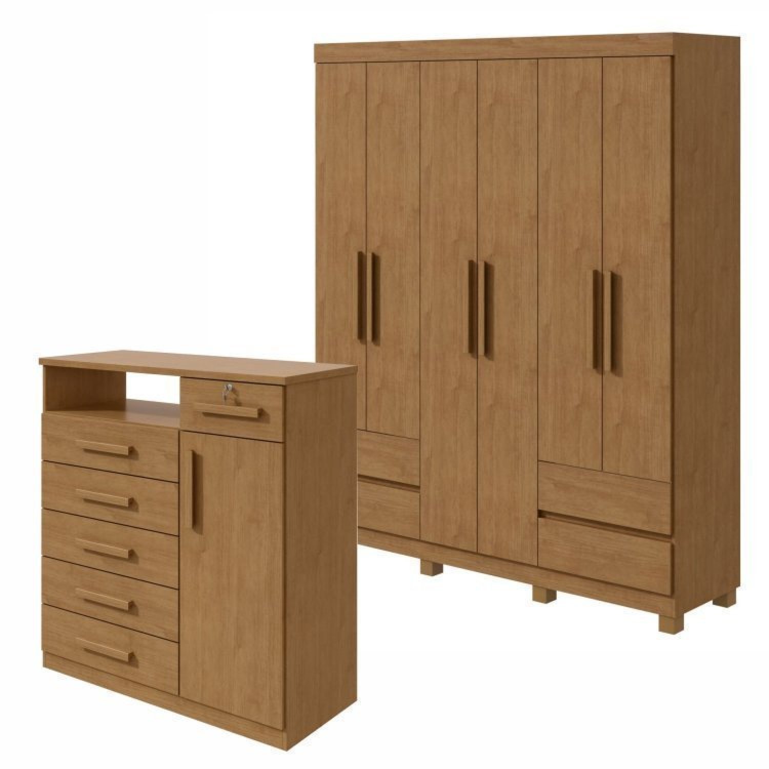 Conjunto De Guarda-roupa 6 Portas 4 Gavetas Zeus Com Pés e Cômoda 1 Porta 6 Gavetas 1 Nicho Da Vinci Amêndoa Clean