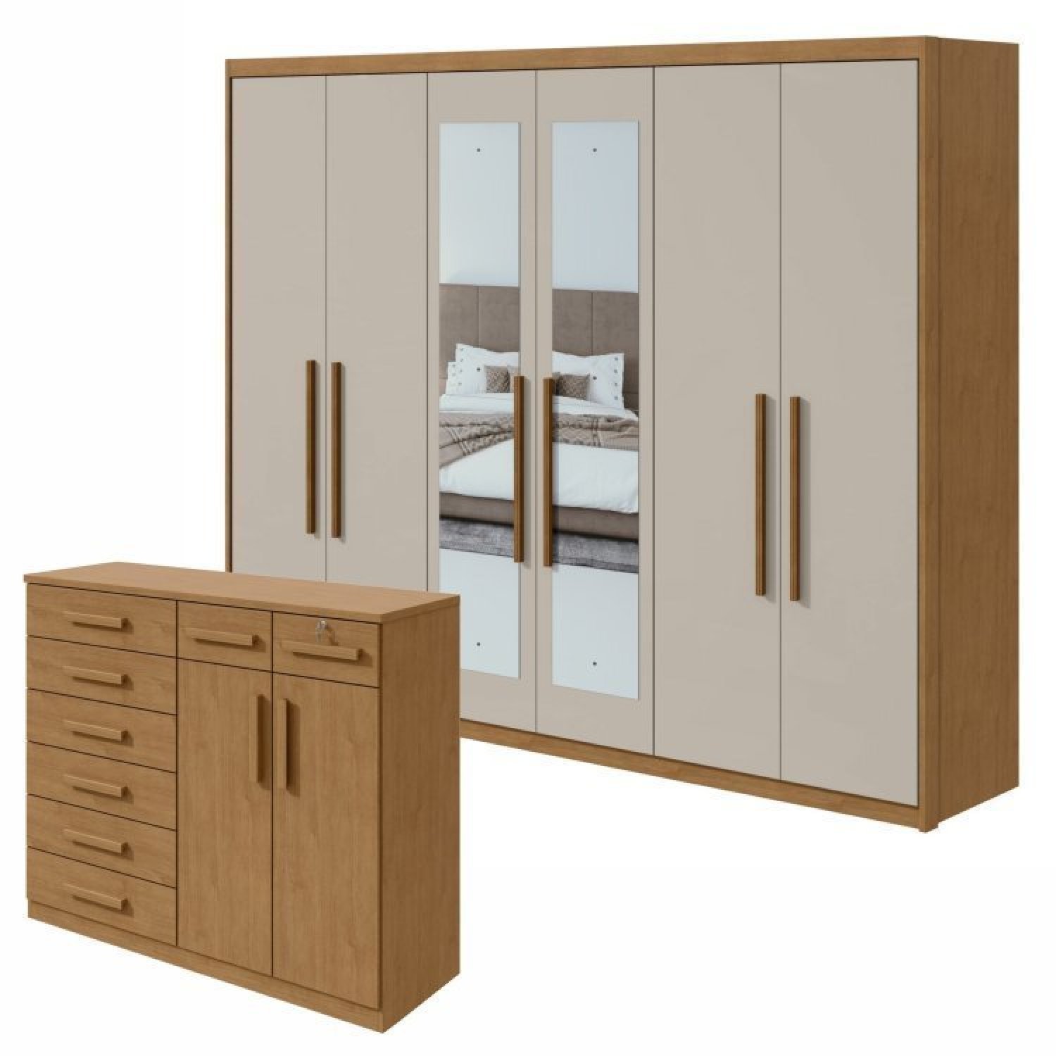 Conjunto De Guarda-roupa 6 Portas Com Espelho Áries E Cômoda Toronto Amêndoa Clean/off White