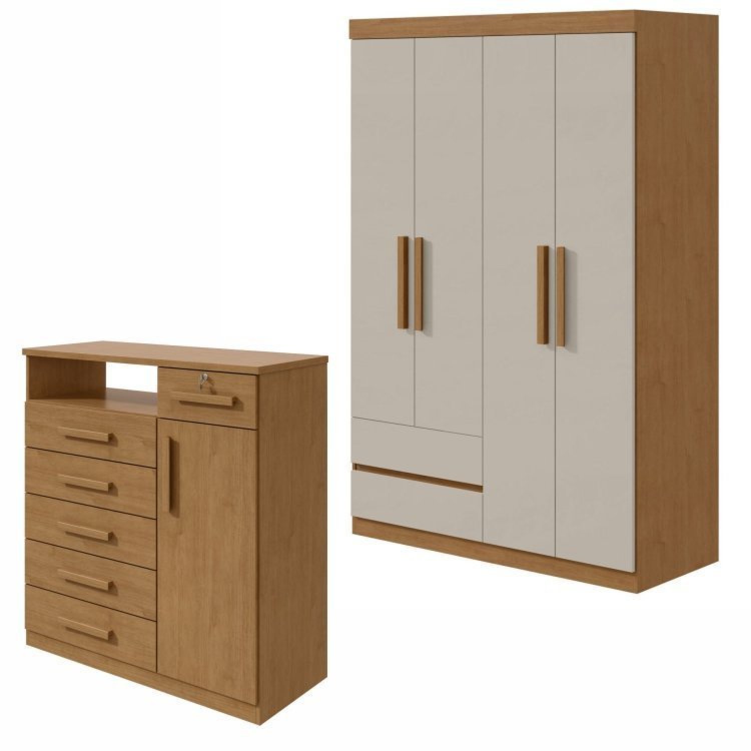 Conjunto De Guarda-roupa 4 Portas 2 Gavetas Zeus e Cômoda 1 Porta 6 Gavetas 1 Nicho Da Vinci Amêndoa Clean/off White