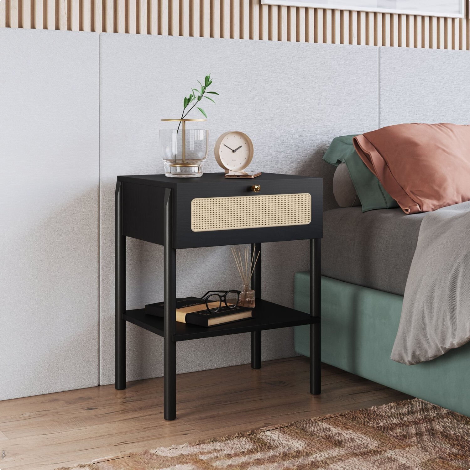 Mesa De Cabeceira 1 Gaveta Palhinha Pé Madeira Oslo Artesano Nero/preto