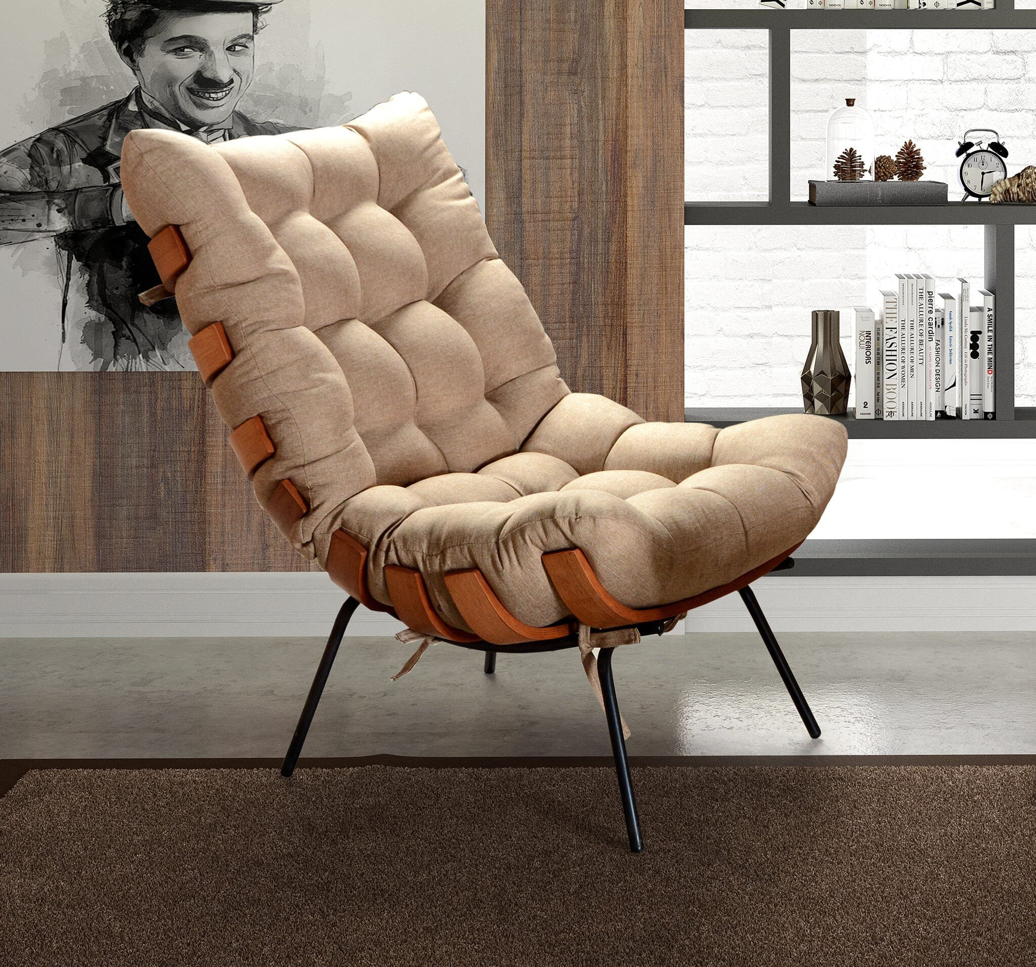 Poltrona Base Fixa Para Sala De Estar Costela Marrom