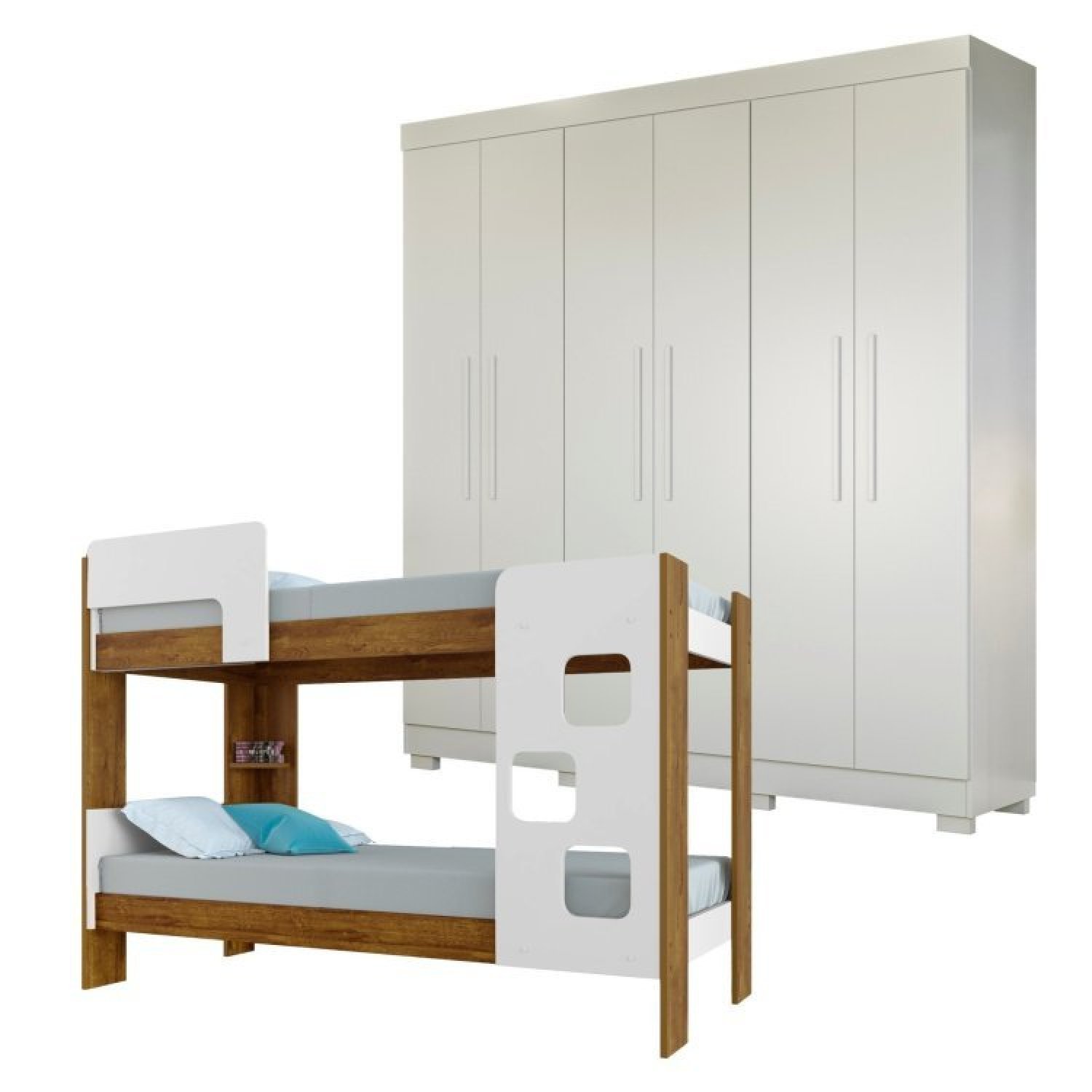 Quarto Infantil/juvenil Com Beliche Vegas E Guarda Roupa 6 Portas 4 Gavetas Flórida 100% Mdf Branco/amadeirado