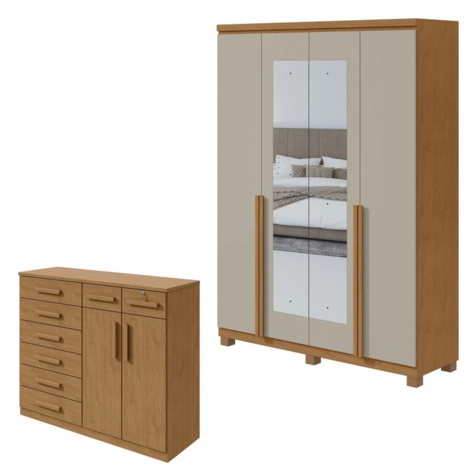 Conjunto De Guarda-roupa Alonzo Com Pés E Cômoda Toronto Amêndoa Clean/off White