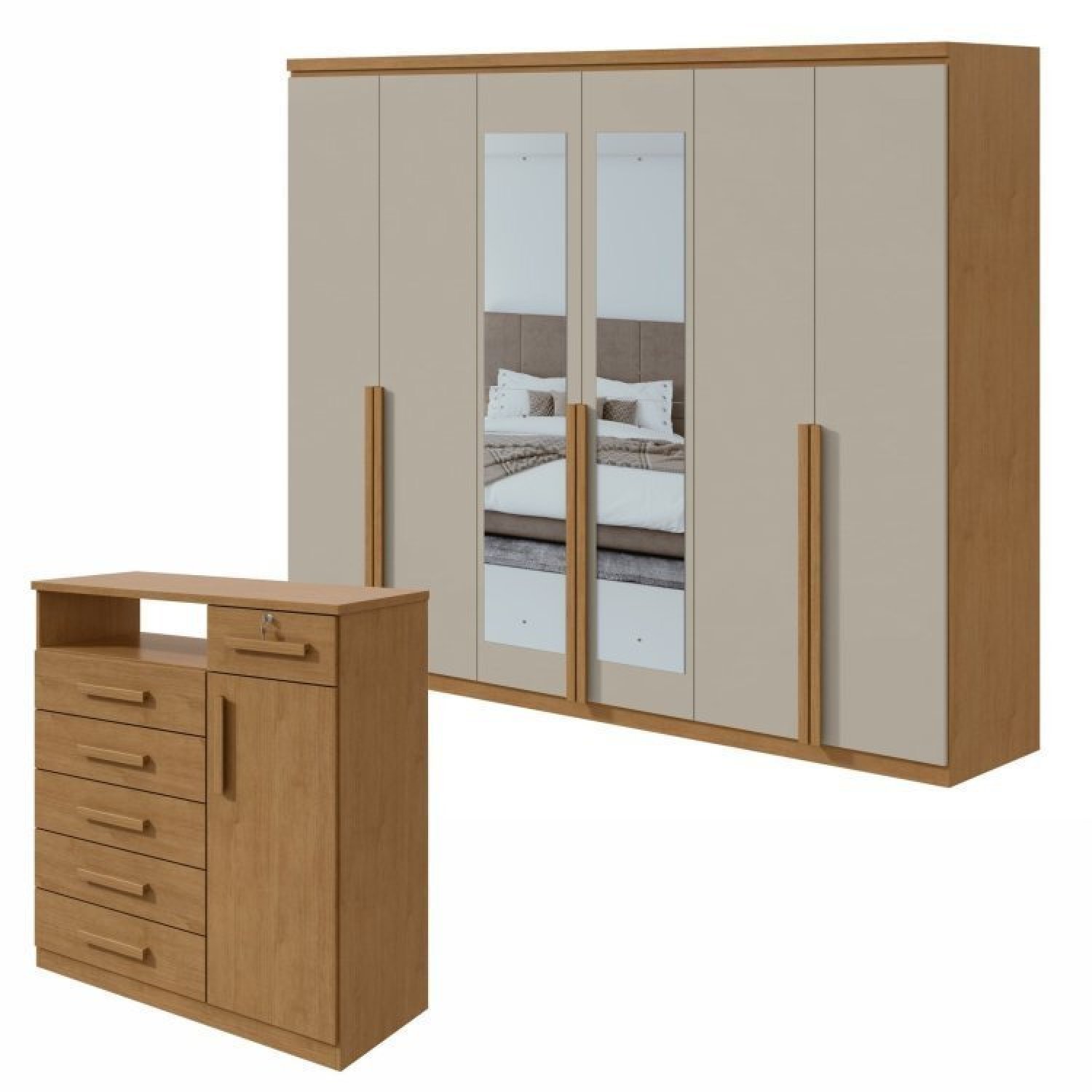 Conjunto De Guarda-roupa Alonzo Com Espelho E Cômoda Da Vinci Com Nicho Amêndoa Clean/off White