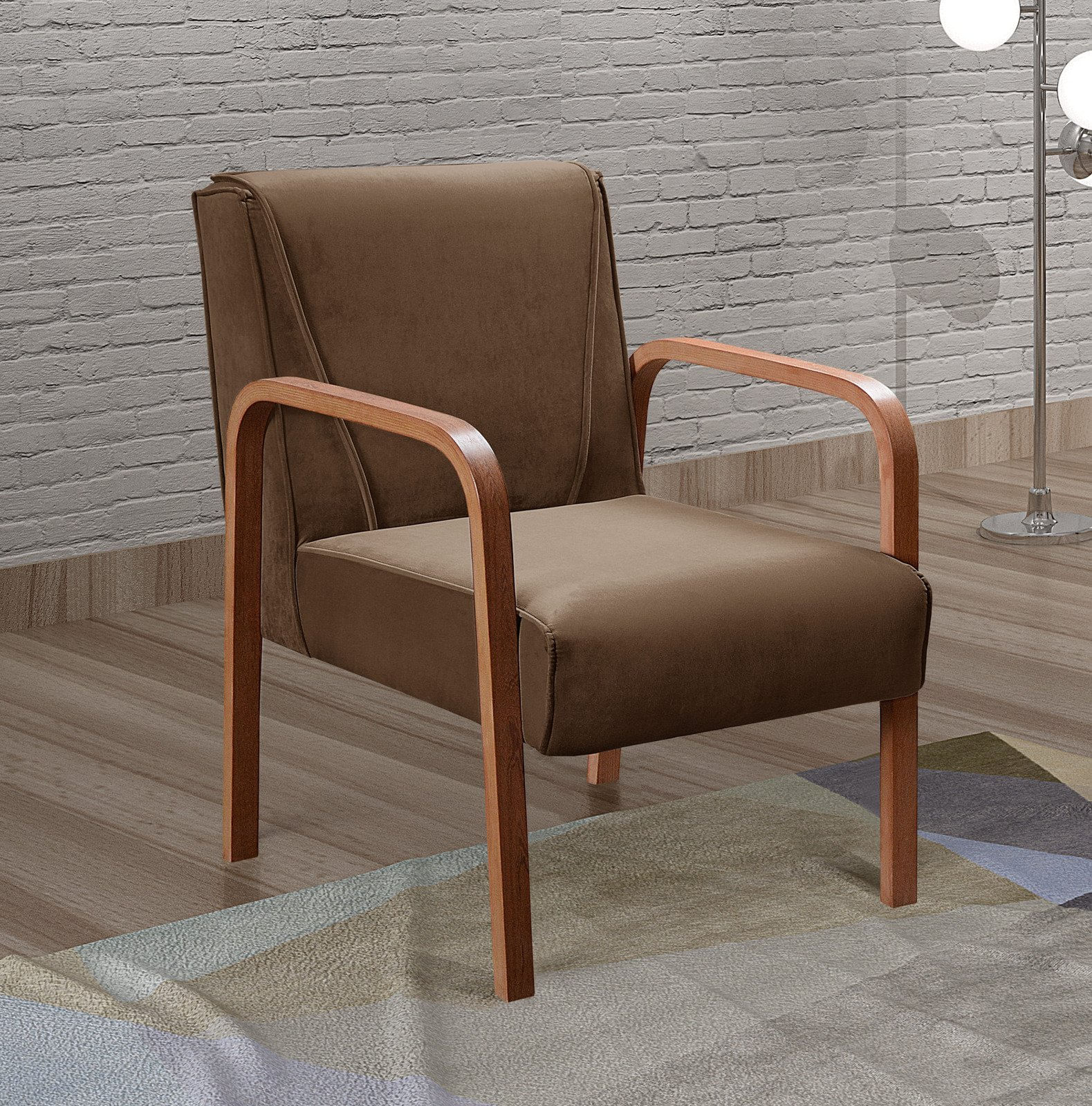 Poltrona Cadeira Moderna Braço Madeira Anita Veludo Marrom